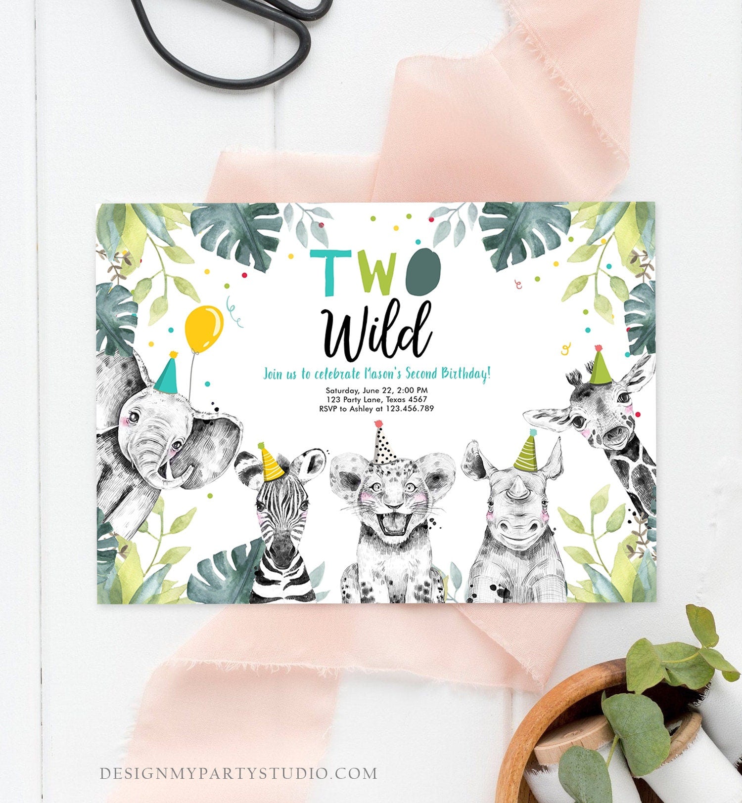 Editable Two Wild Birthday Invitation Boy Safari Animals Green Gold Safari Zoo Second Birthday 2nd Digital Download Template Printable 0322