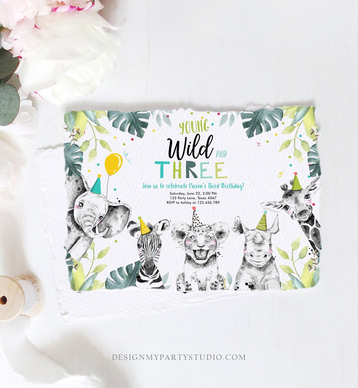 Editable Young Wild and Three Invitation Boy Safari Animals Zoo Wild Third Birthday 3rd Party Animals Digital Evite Template Printable 0322