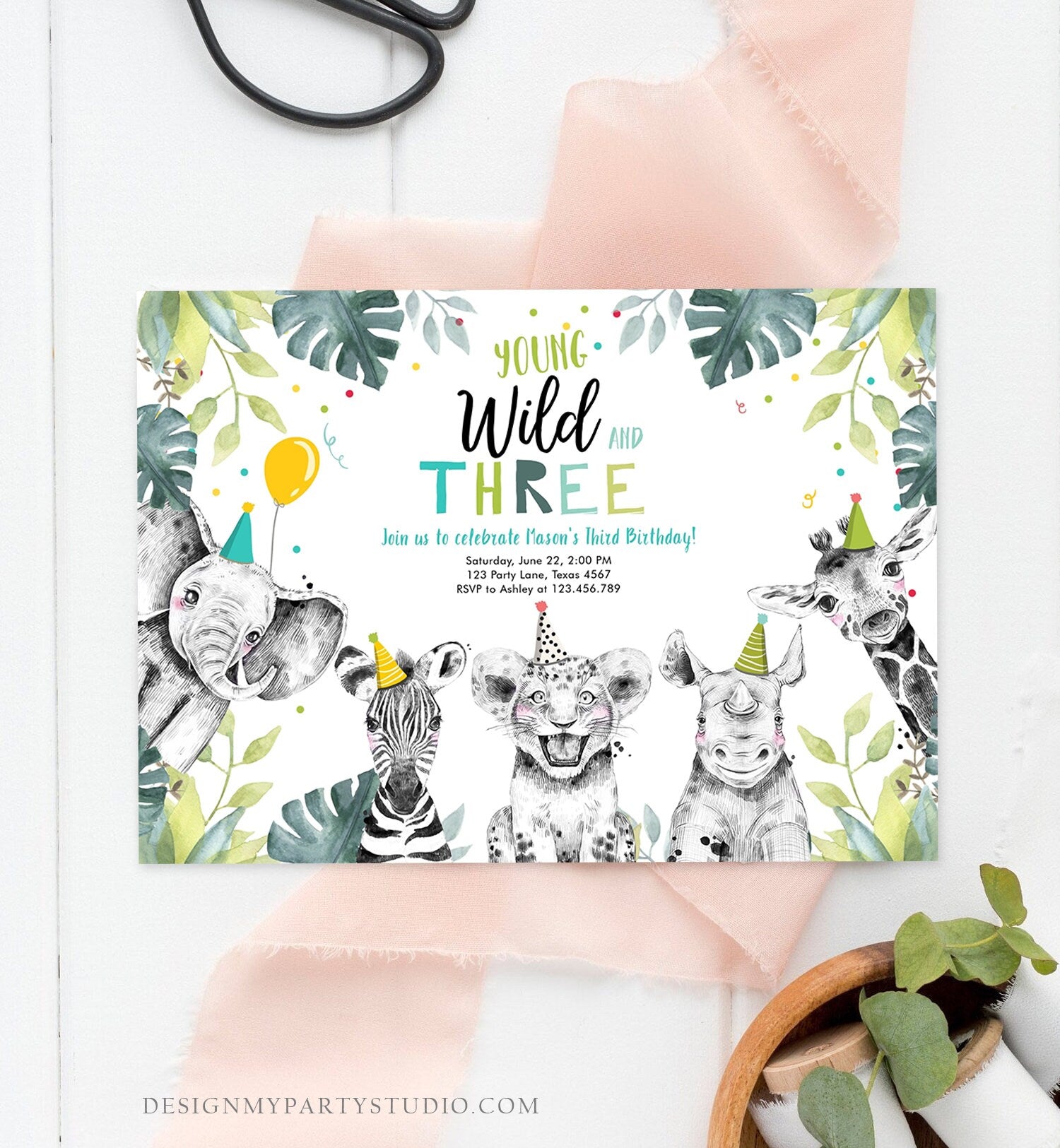 Editable Young Wild and Three Invitation Boy Safari Animals Zoo Wild Third Birthday 3rd Party Animals Digital Evite Template Printable 0322