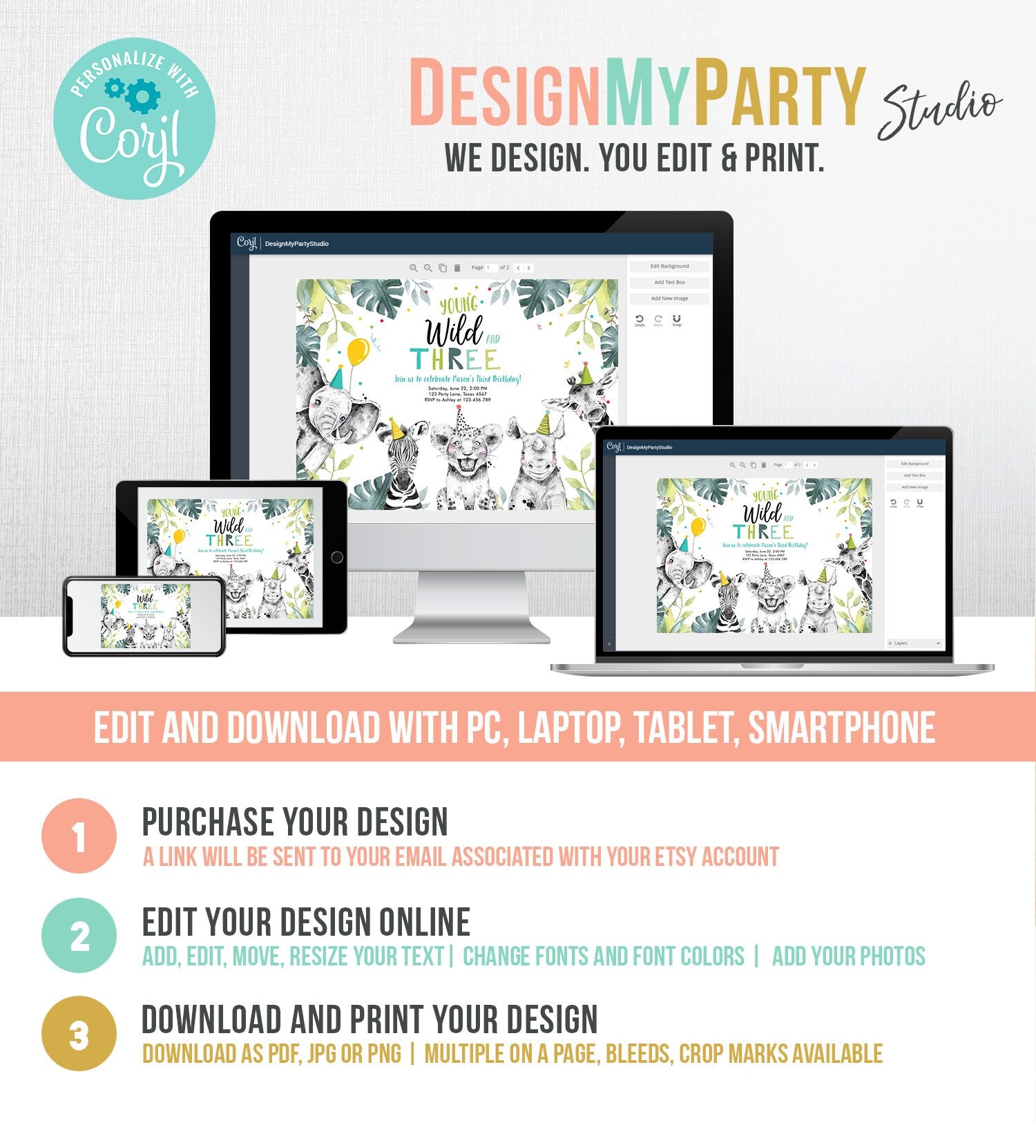 Editable Young Wild and Three Invitation Boy Safari Animals Zoo Wild Third Birthday 3rd Party Animals Digital Evite Template Printable 0322