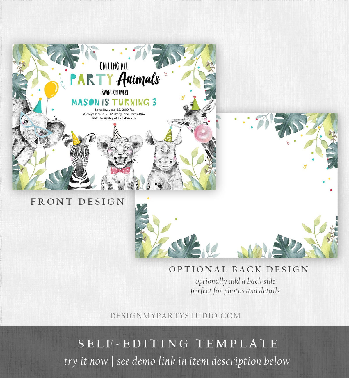 Editable Party Animals Birthday Invitation Boy Safari Animals Wild One Calling all Animals Zoo Jungle Download Evite Template Printable 0322