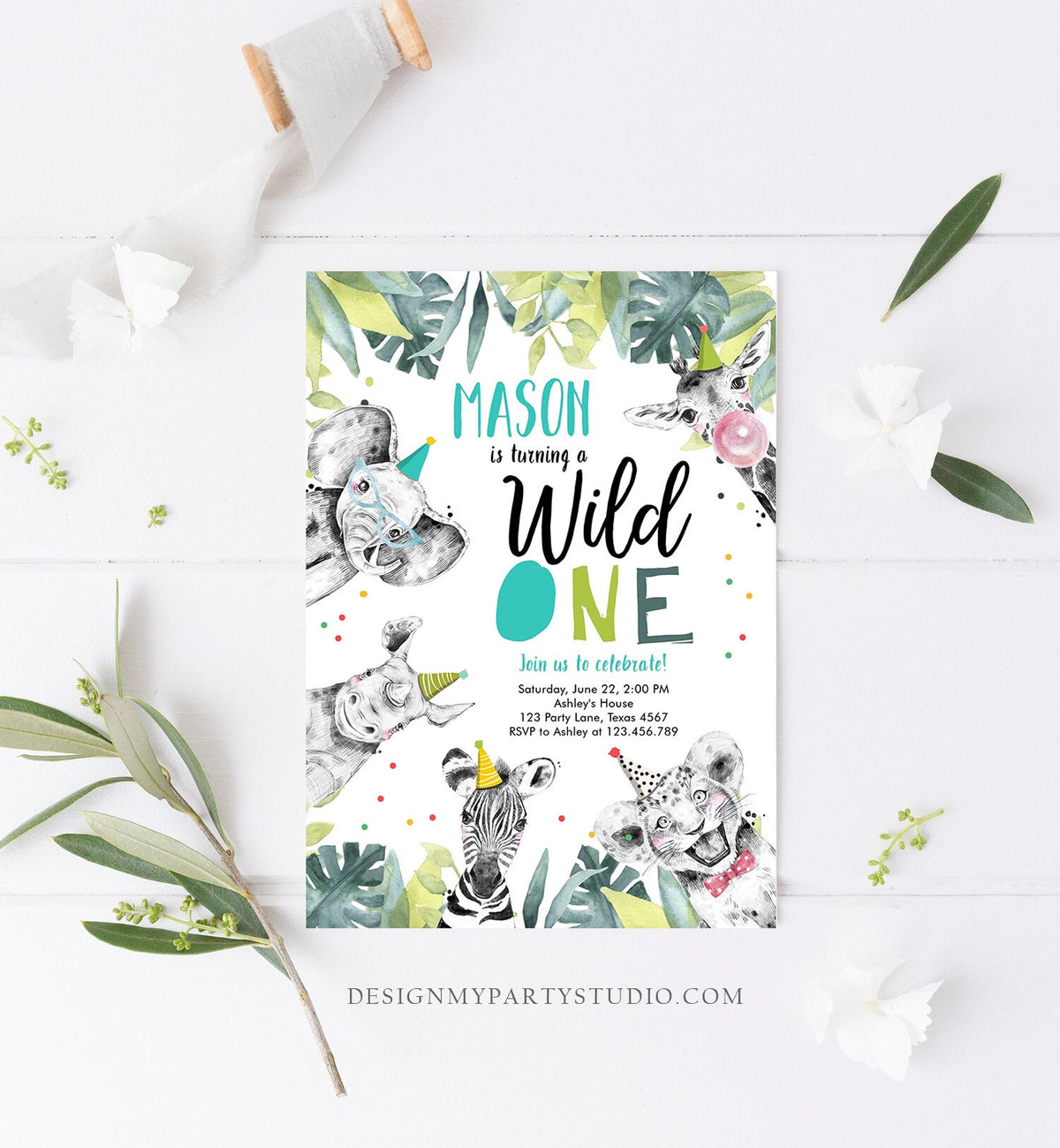 Editable Wild One Birthday Invitation Boy First Birthday Safari Animals Party Animals Born to be Wild Jungle Digital Template Printable 0322