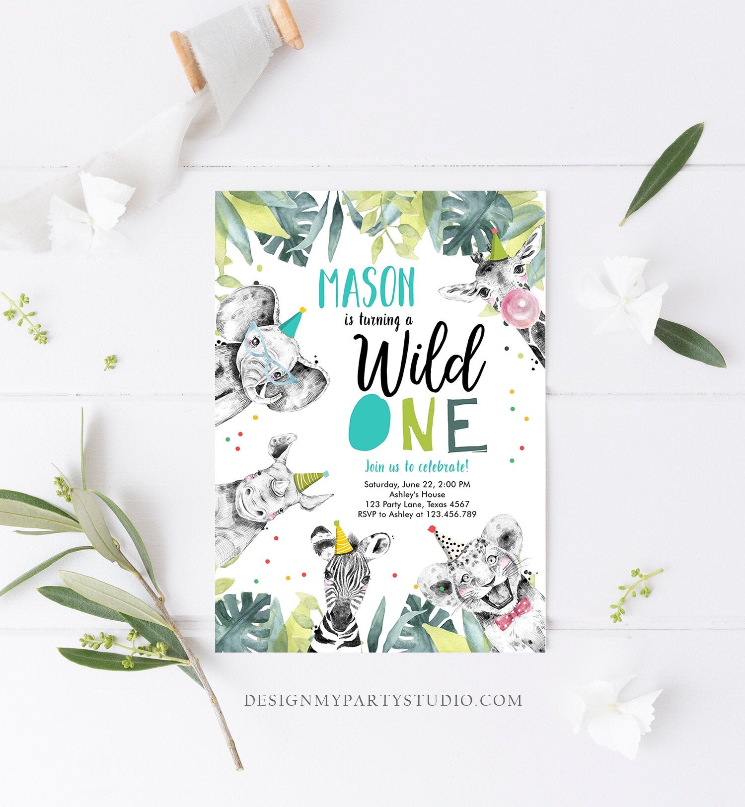 Editable Wild One Birthday Invitation Boy First Birthday Safari Animals Party Animals Born to be Wild Jungle Digital Template Printable 0322