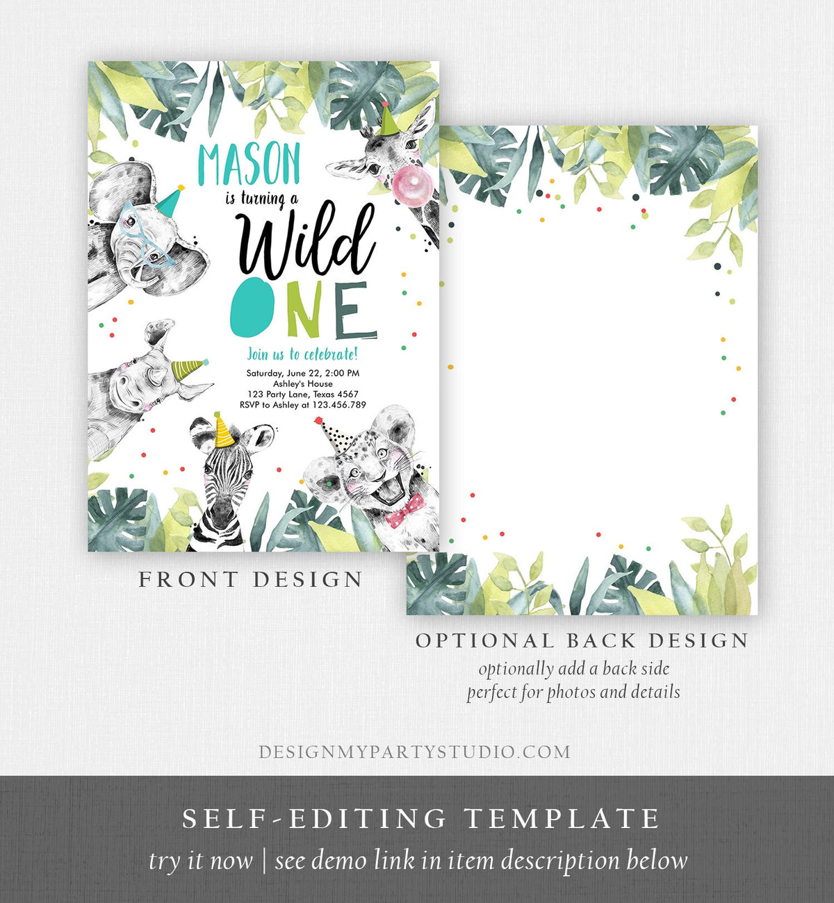 Editable Wild One Birthday Invitation Boy First Birthday Safari Animals Party Animals Born to be Wild Jungle Digital Template Printable 0322