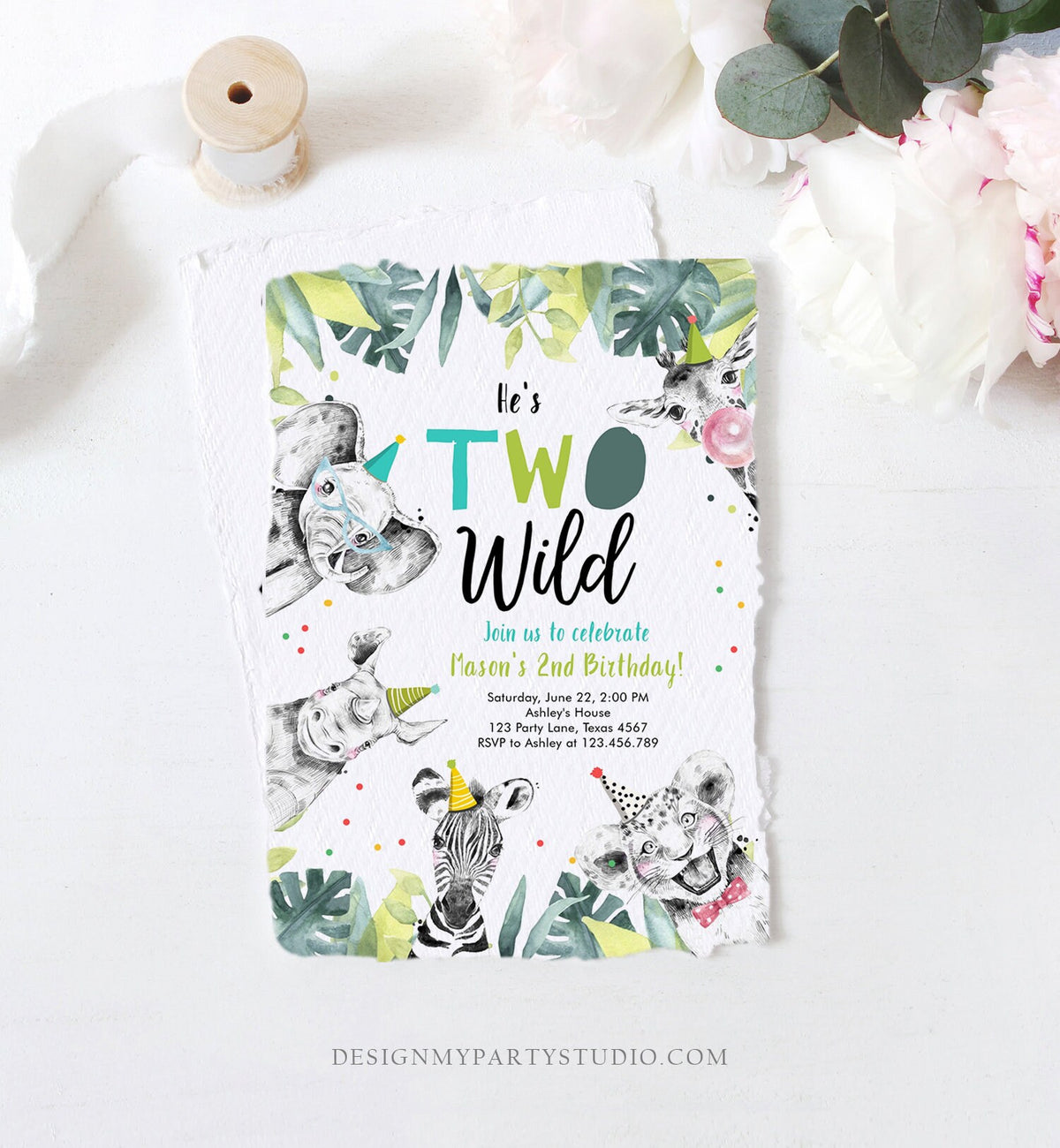 Editable Two Wild Birthday Invitation Boy Second Birthday 2nd Safari Animals Jungle Zoo Party Animals Digital Evite Template Printable 0322
