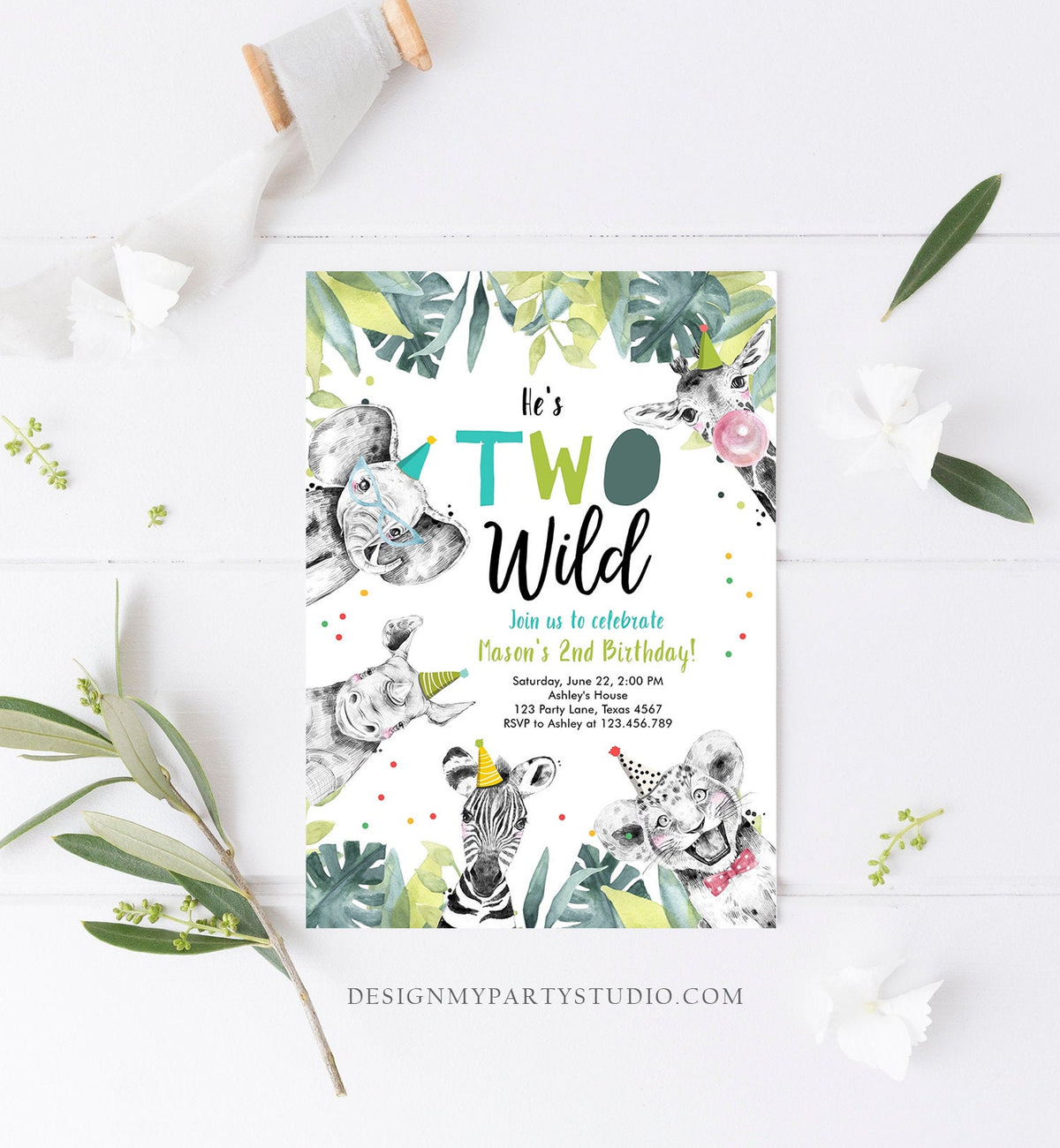 Editable Two Wild Birthday Invitation Boy Second Birthday 2nd Safari Animals Jungle Zoo Party Animals Digital Evite Template Printable 0322