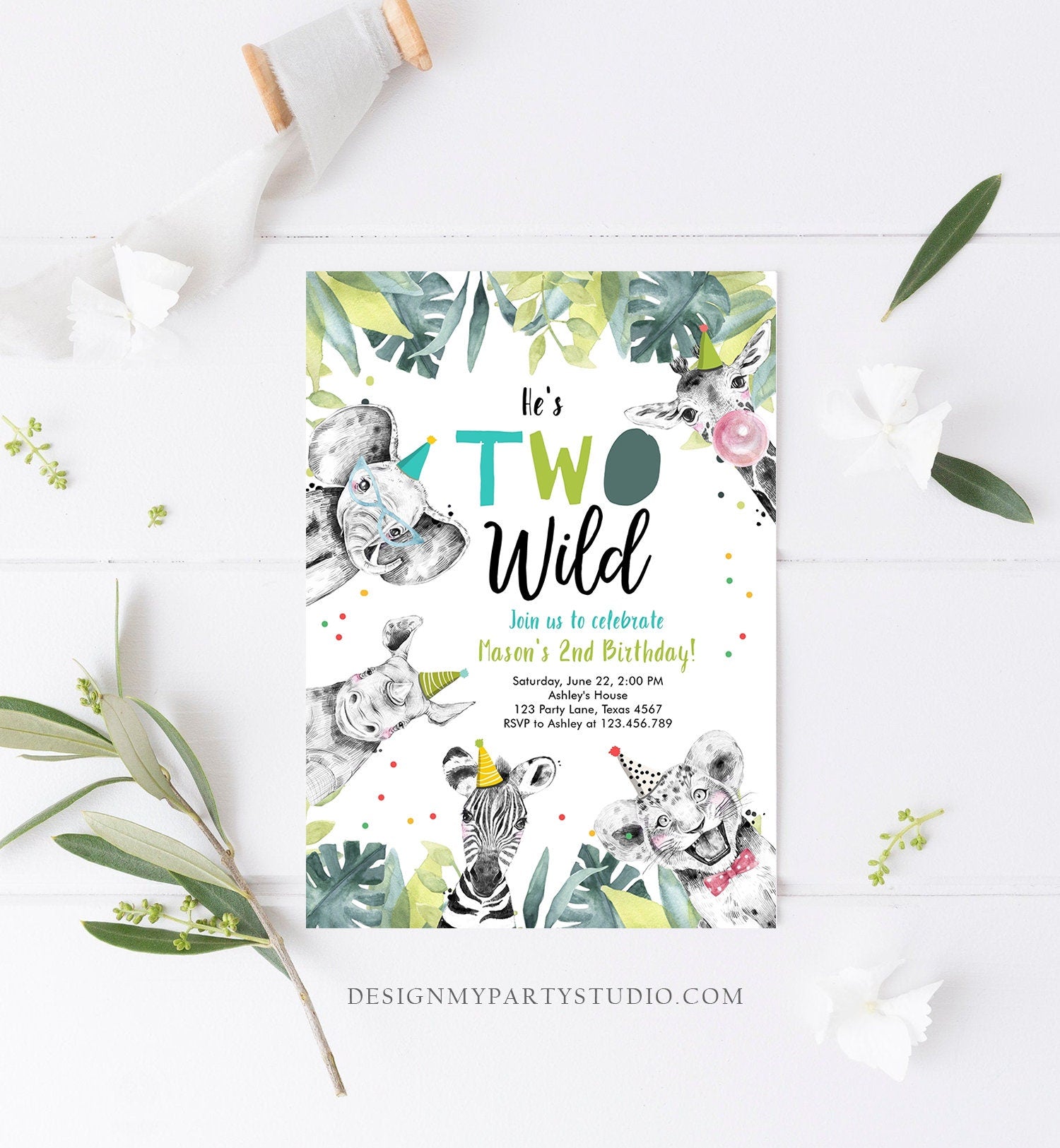 Editable Two Wild Birthday Invitation Boy Second Birthday 2nd Safari Animals Jungle Zoo Party Animals Digital Evite Template Printable 0322