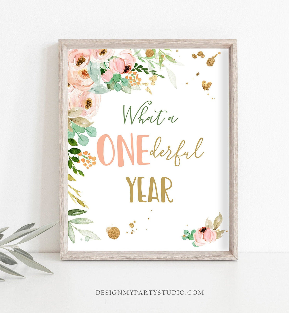 First Birthday Sign 1st Birthday Party Sign Flowers Pink and Gold Coral Onederful Year Sign Miss Onederful Decor Download Printable 0147