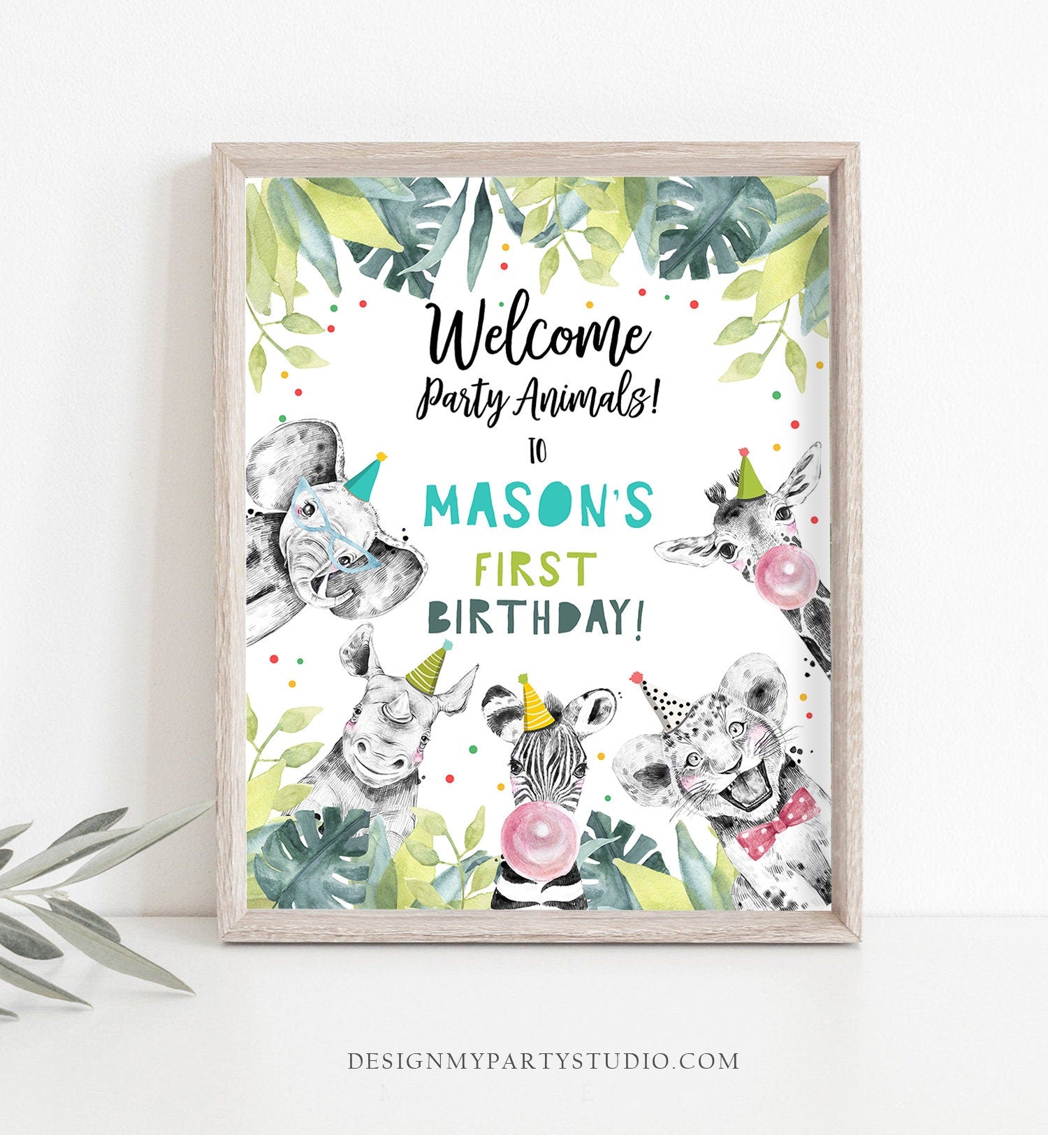 Editable Party Animals Welcome Sign Boy Birthday Party Safari Animals Sign Zoo Welcome Jungle Table Sign Digital Template Printable 0322