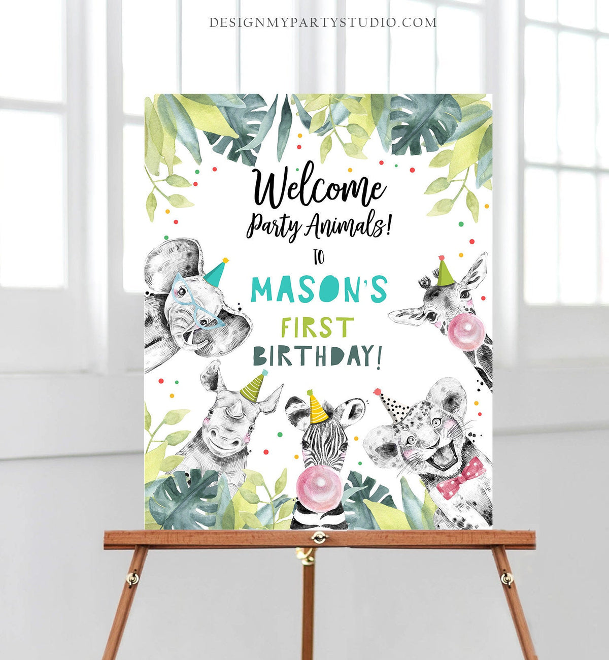 Editable Party Animals Welcome Sign Boy Birthday Party Safari Animals Sign Zoo Welcome Jungle Table Sign Digital Template Printable 0322