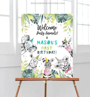 Editable Party Animals Welcome Sign Boy Birthday Party Safari Animals Sign Zoo Welcome Jungle Table Sign Corjl Template Printable 0322
