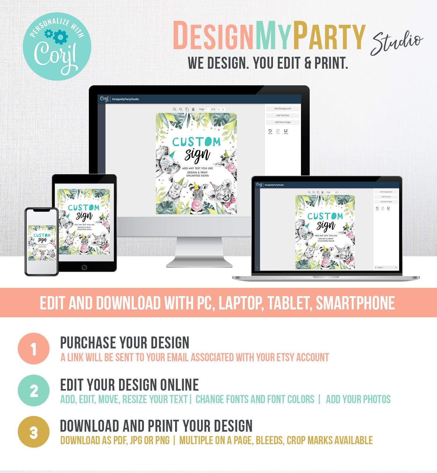 Editable Party Animals Custom Boy Birthday Safari Animals Sign Wild One Decor Zoo Table Sign Decoration 8x10 Corjl Template Printable 0322