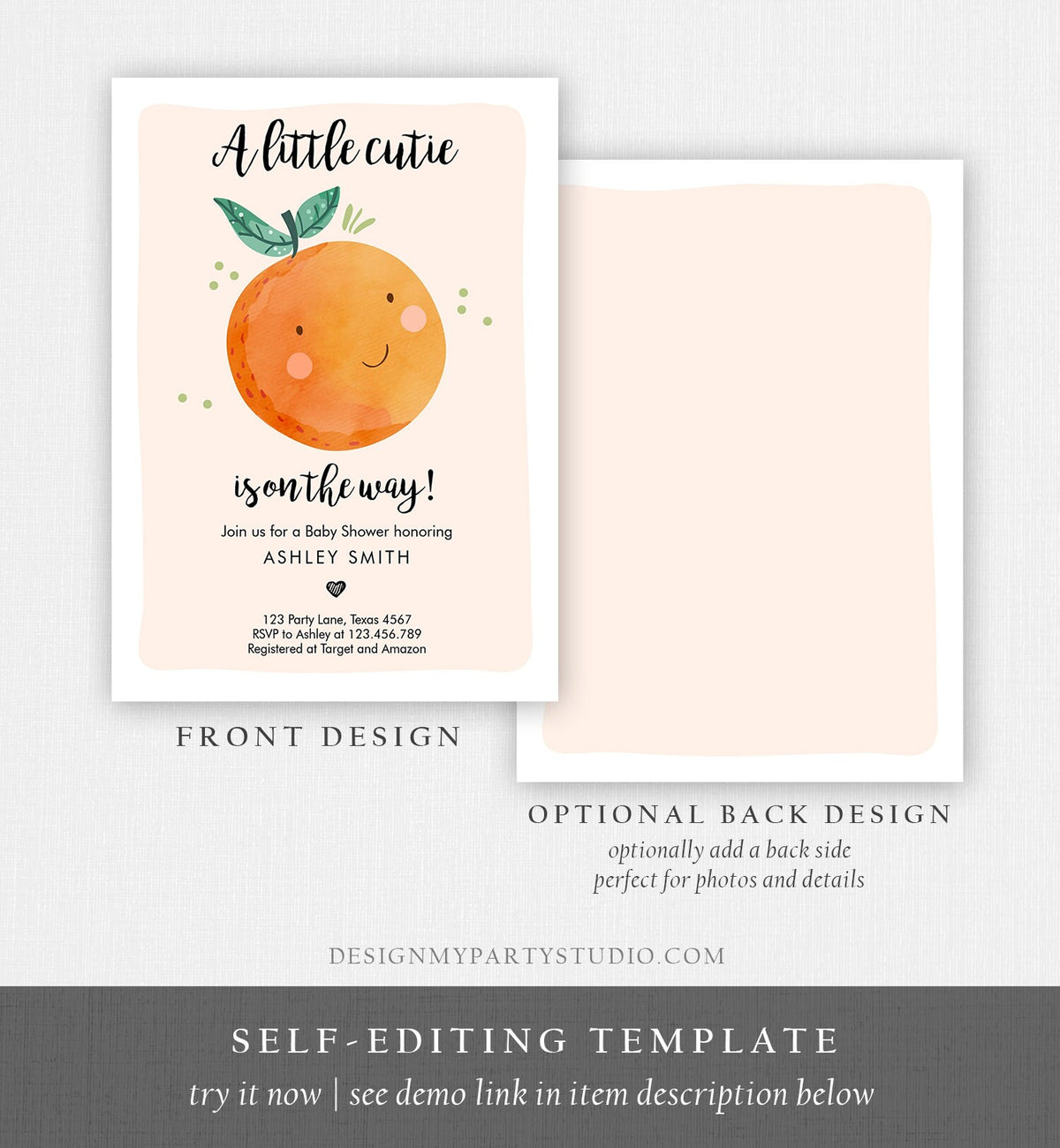 Editable A Little Cutie is on The Way Baby Shower Invitation Clementine Orange Coed Shower Neutral Digital Evite Template Printable 0330