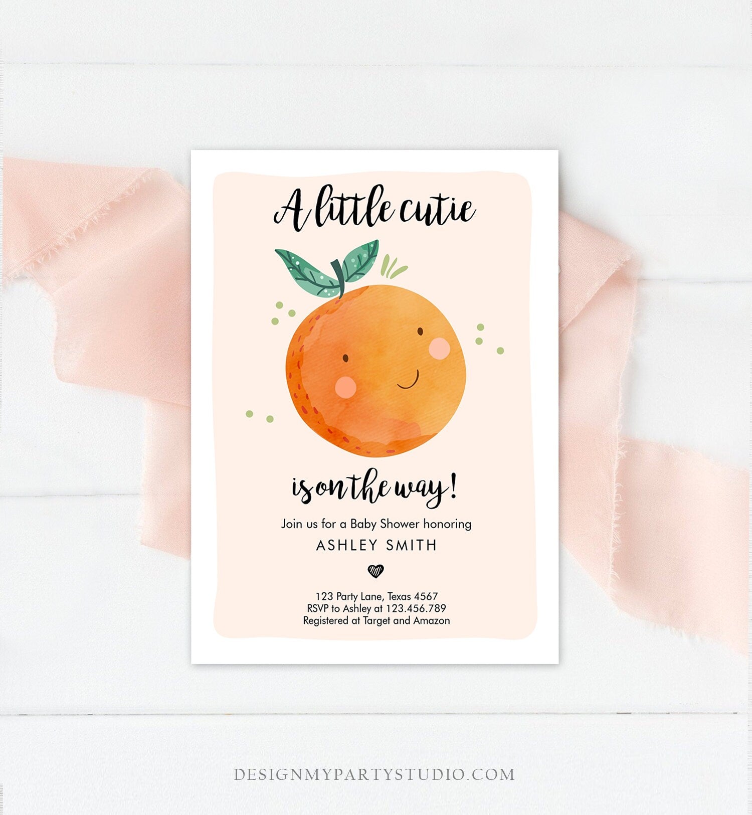 Editable A Little Cutie is on The Way Baby Shower Invitation Clementine Orange Coed Shower Neutral Download Printable Corjl Template 0330