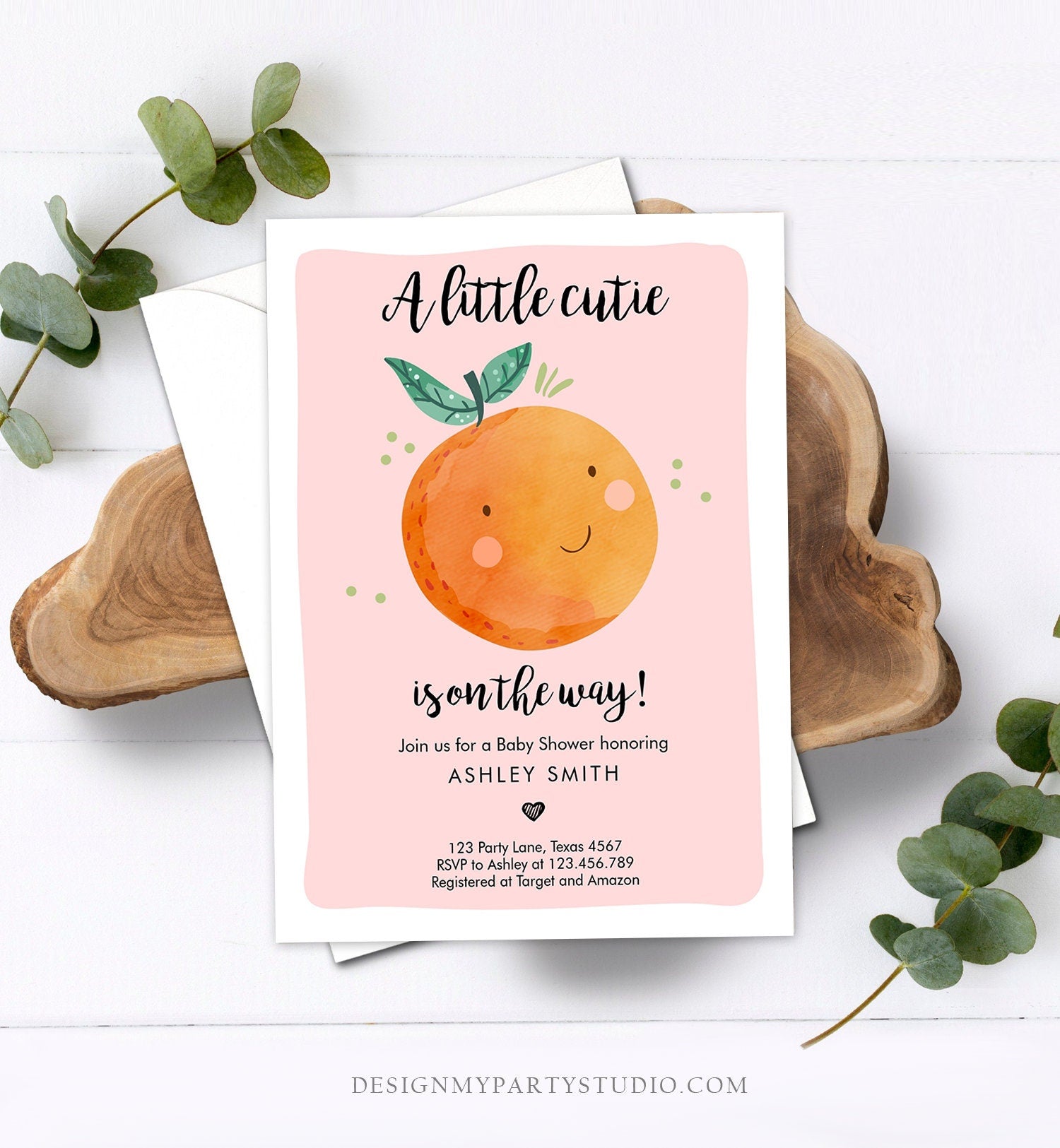 Editable A Little Cutie is on The Way Baby Shower Invitation Clementine Orange Coed Shower Girl Pink Download Printable Corjl Template 0330