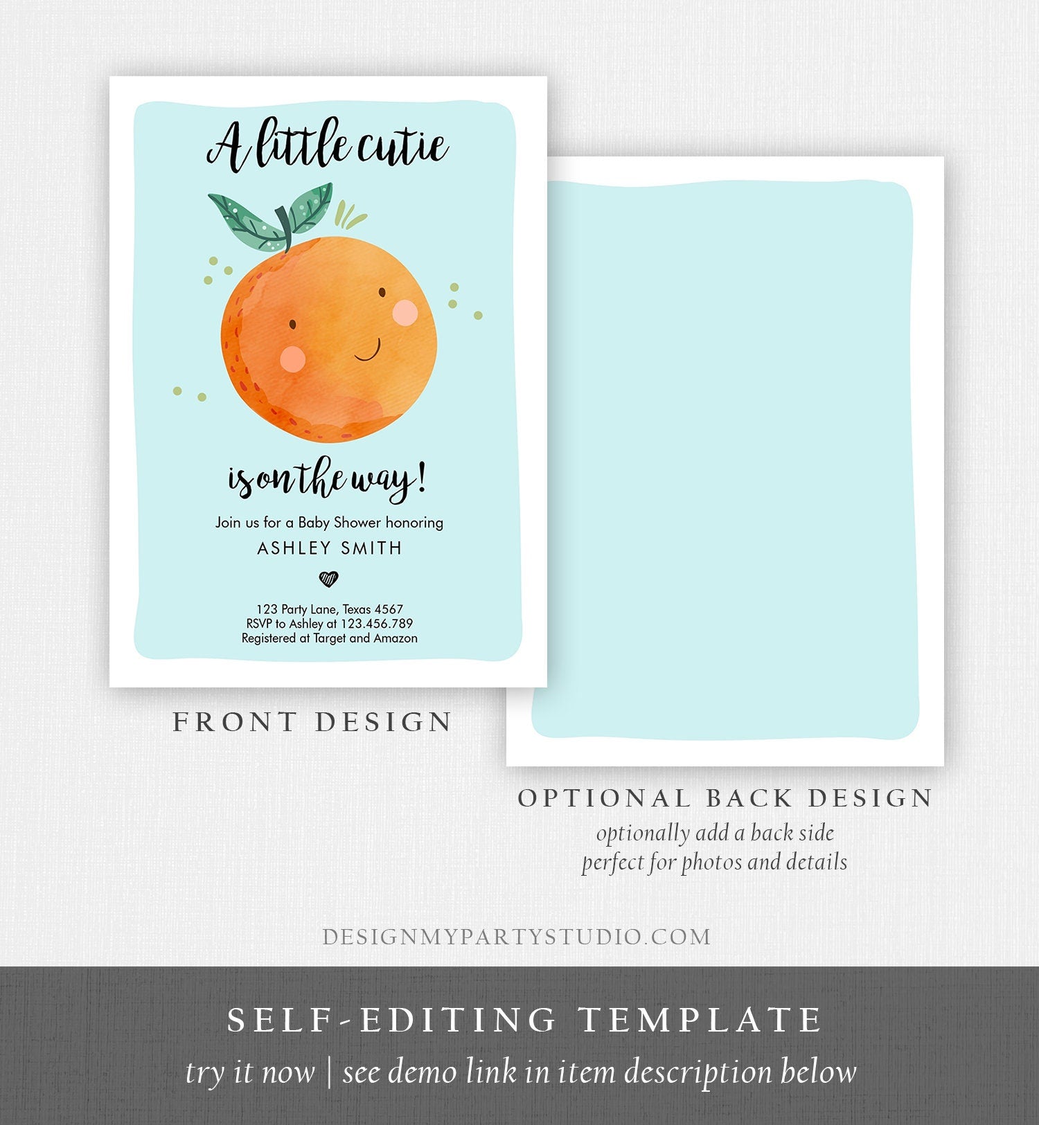 Editable A Little Cutie is on The Way Baby Shower Invitation Clementine Orange Coed Shower Boy Blue Digital Download Template Printable 0330