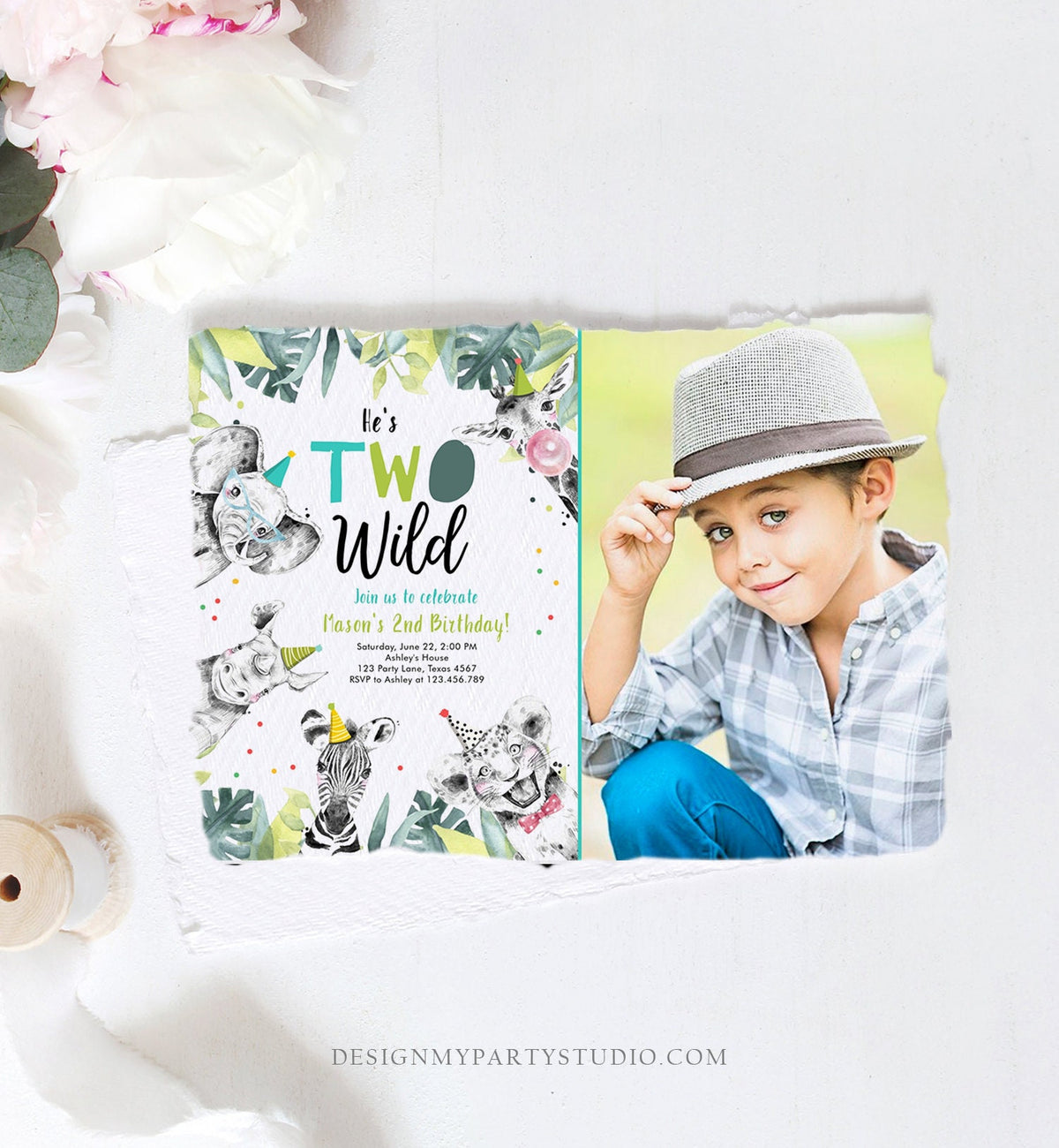 Editable Two Wild Birthday Invitation Boy First Birthday 1st Safari Animals Jungle Zoo Party Animals Digital Corjl Template Printable 0322