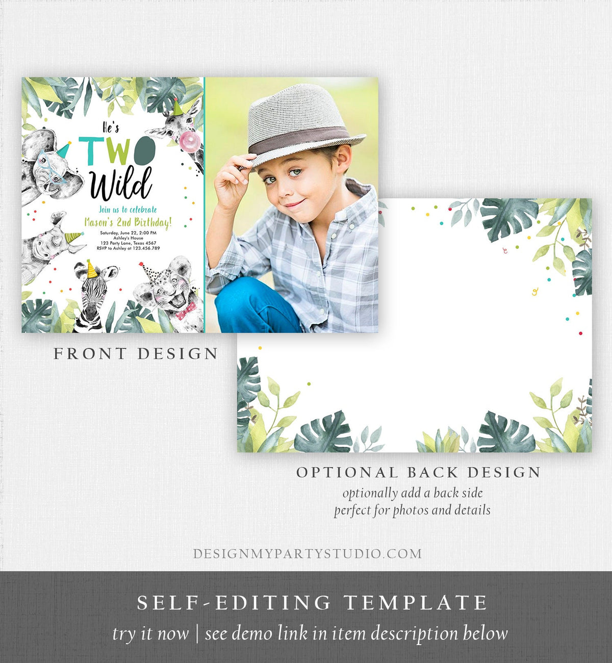 Editable Two Wild Birthday Invitation Boy First Birthday 1st Safari Animals Jungle Zoo Party Animals Digital Corjl Template Printable 0322