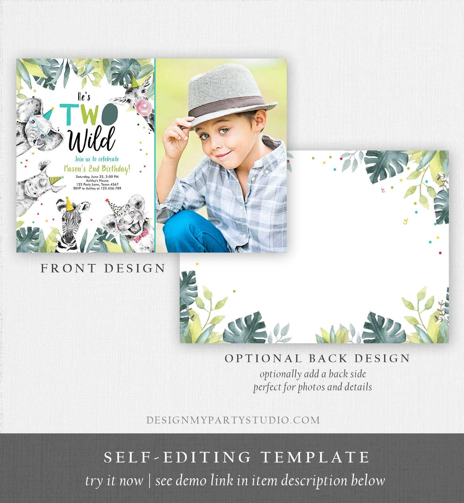 Editable Two Wild Birthday Invitation Boy First Birthday 1st Safari Animals Jungle Zoo Party Animals Digital Corjl Template Printable 0322