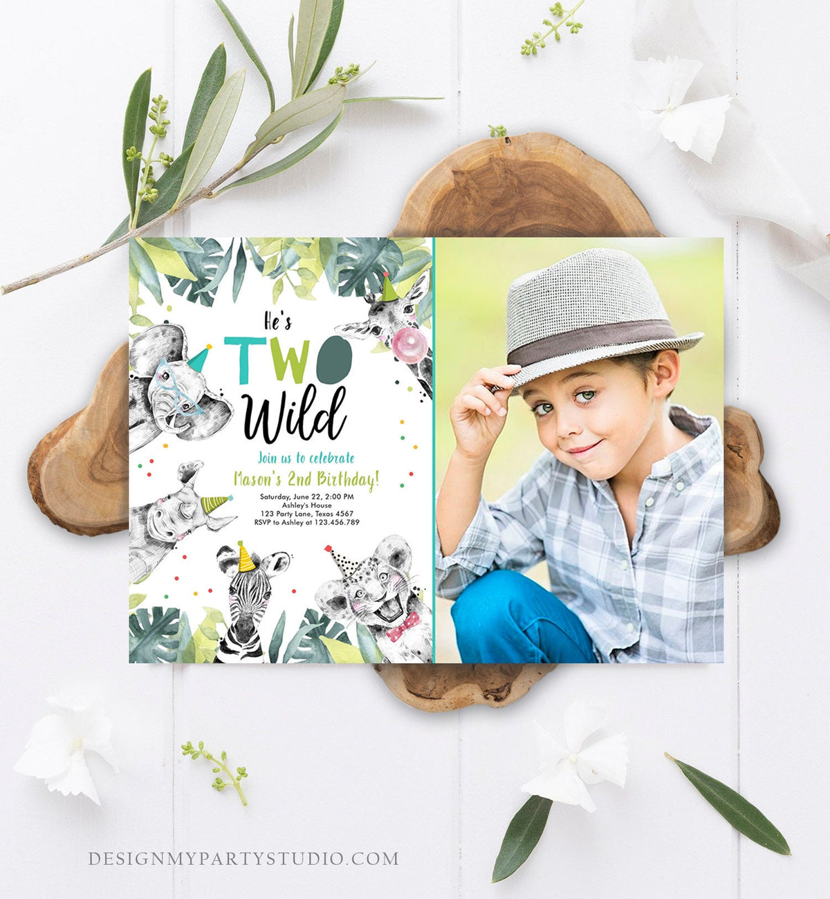 Editable Two Wild Birthday Invitation Boy First Birthday 1st Safari Animals Jungle Zoo Party Animals Digital Corjl Template Printable 0322