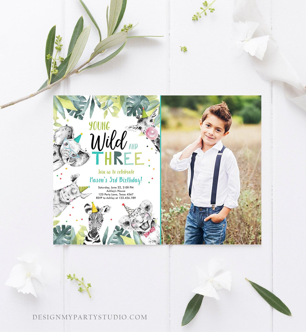 Editable Young Wild and Three Invitation Boy Third Birthday 3rd Safari Animals Zoo Party Animals Digital Corjl Template Printable 0322