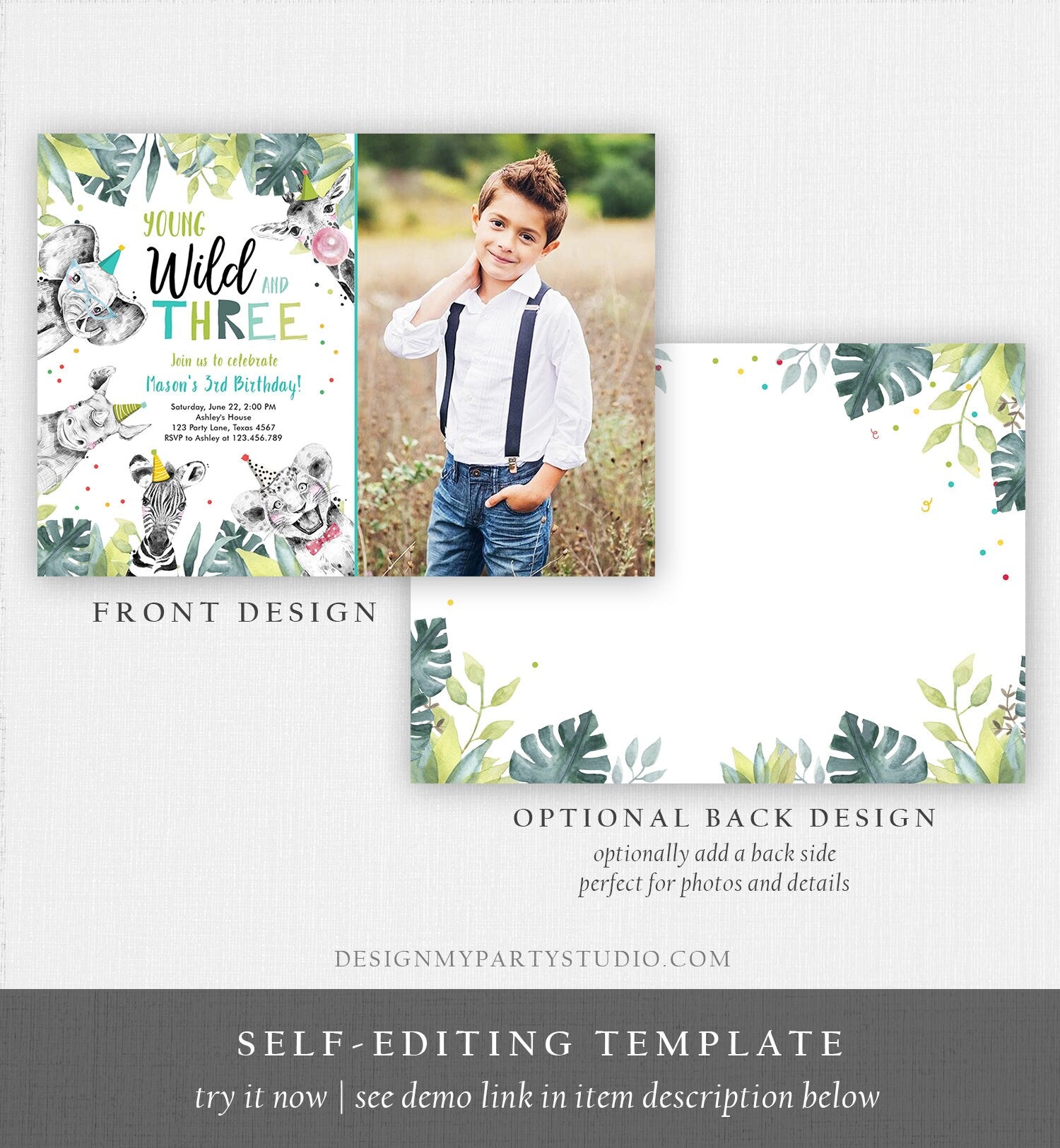 Editable Young Wild and Three Invitation Boy Third Birthday 3rd Safari Animals Zoo Party Animals Digital Corjl Template Printable 0322