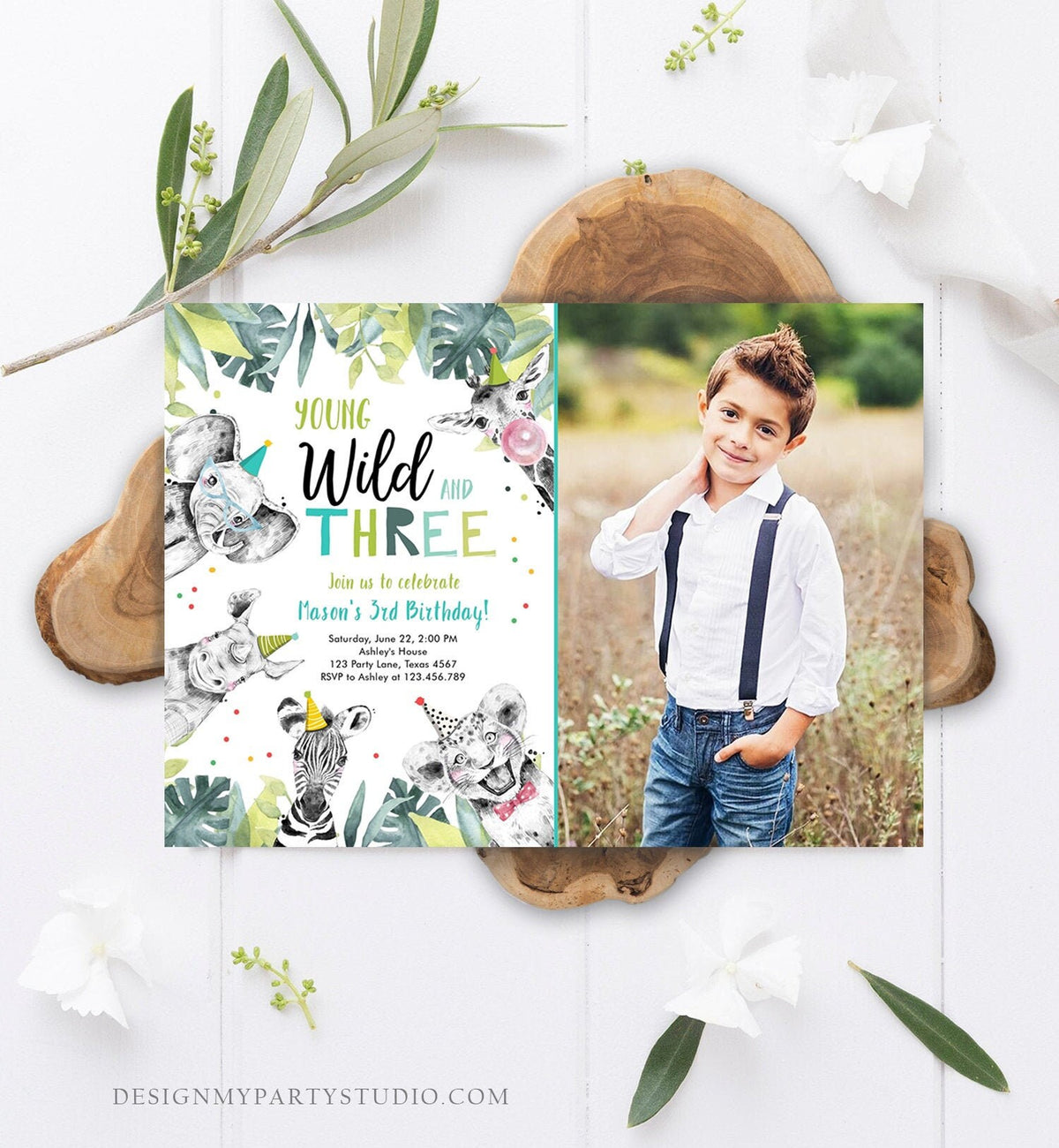 Editable Young Wild and Three Invitation Boy Third Birthday 3rd Safari Animals Zoo Party Animals Digital Corjl Template Printable 0322
