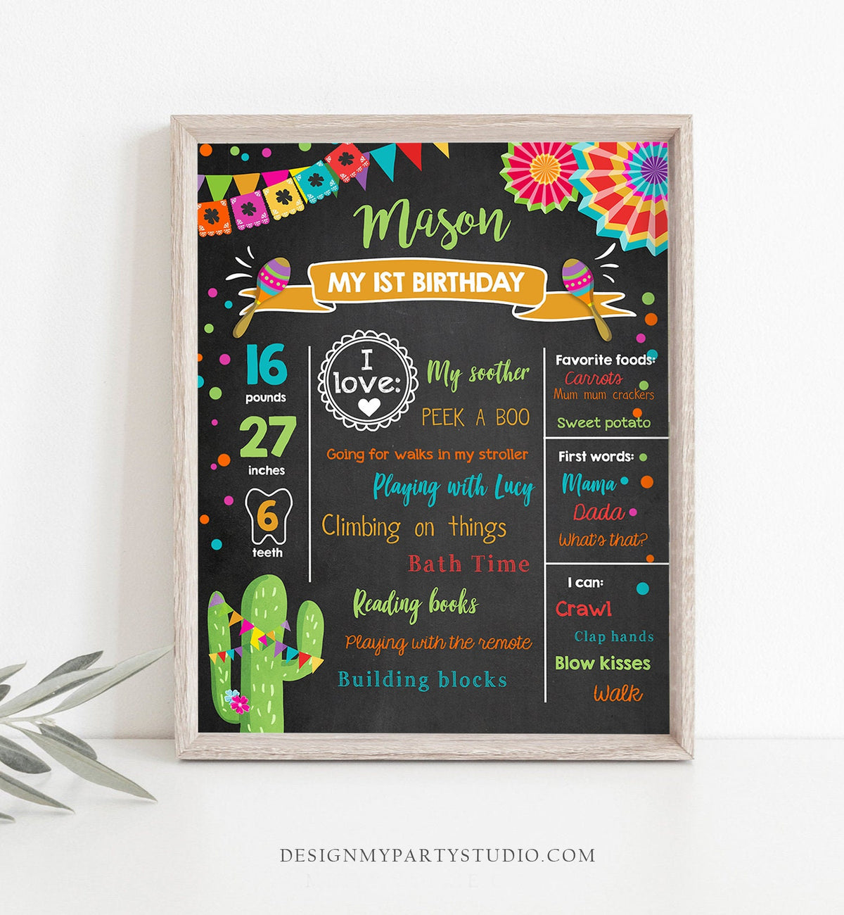 Editable First Fiesta Birthday Milestones Sign First Birthday Poster 1st Birthday Mexican Cactus Digital Download Template Printable 0045