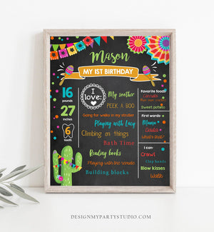 Editable First Fiesta Birthday Milestones Sign First Birthday Poster 1st Birthday Mexican Cactus Samba Chalk Corjl Template Printable 0045
