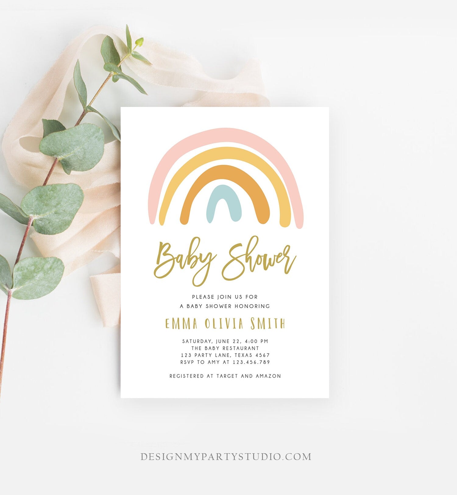 Editable Rainbow Baby Shower Invitation Muted Rainbow Invitation Gender Neutral Pastel Birthday Pink Girl Bow Download Corjl Template 0331