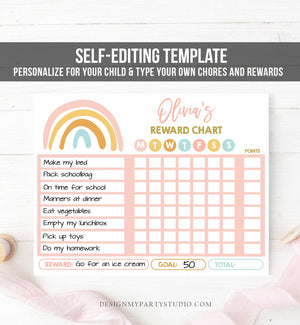 Editable Rainbow Reward Chart for Girls Chore Chart for Kids Routine Chart Pink Pastel Colors Confetti Digital Printable Corjl Template 0331