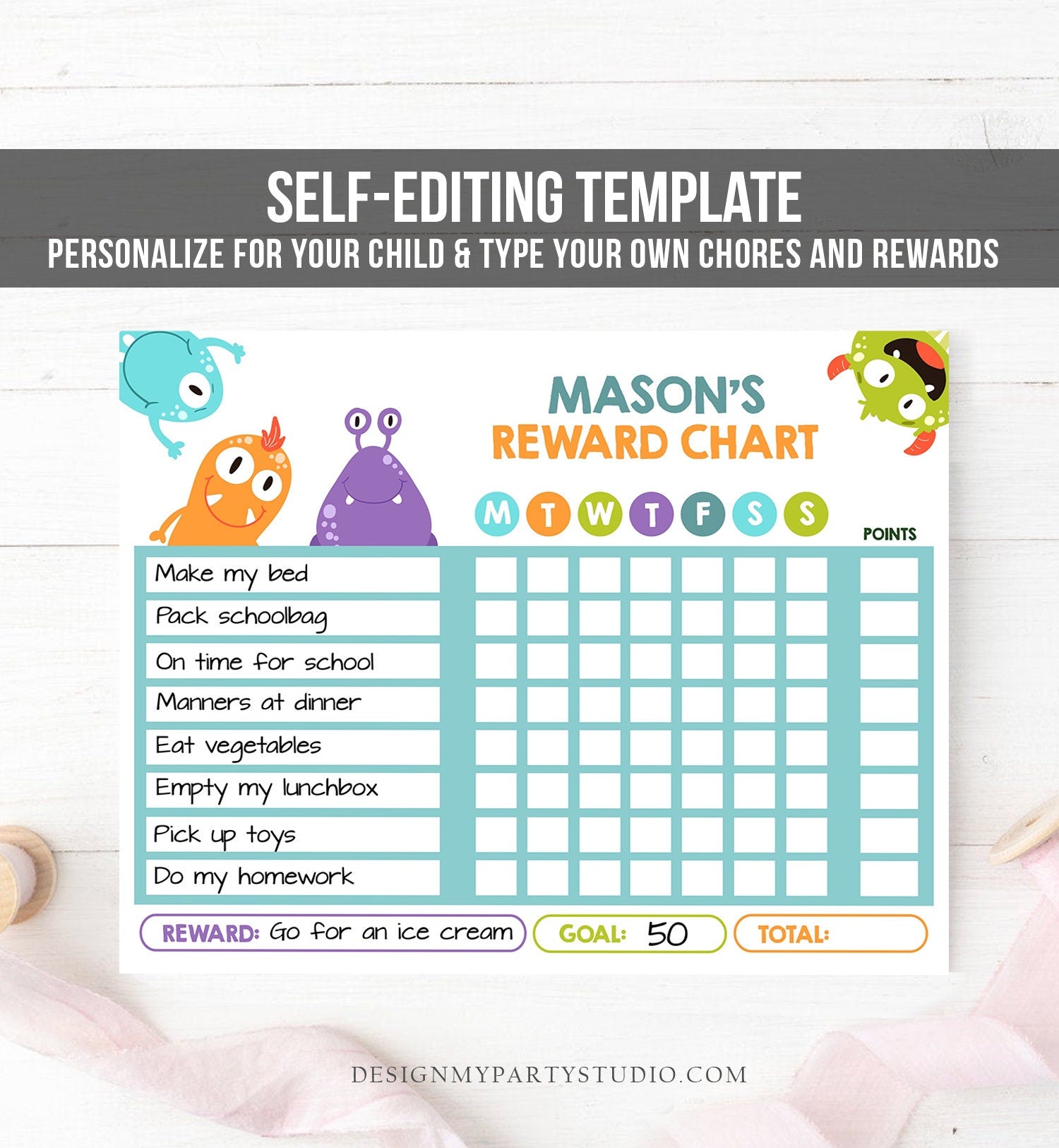 Editable Monster Reward Chart for Boys Printable Chore Chart for Kids Chores Monsters Blue Routine Chart Printable Template Corjl 0058