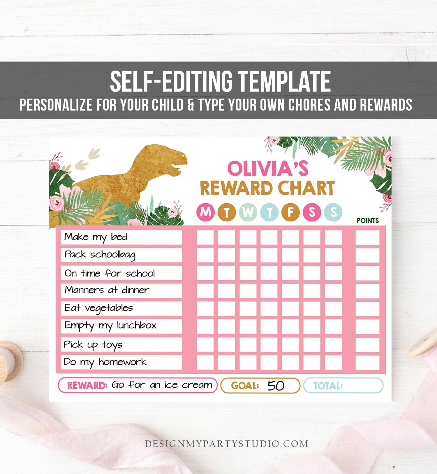 Editable Dinosaur Reward Chart for Girls Pink Dino Chore Chart for Kid - Design My Party Studio editable-dinosaur-reward-chart-for-girls-pink-dino-chore-chart-for-kid-design-my-party-studio