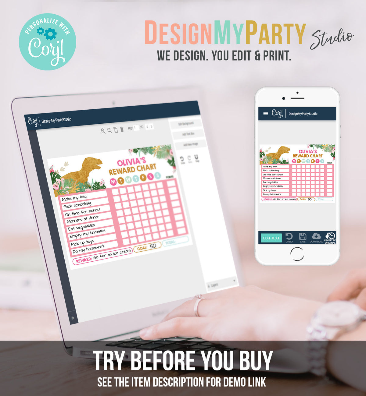 Editable Dinosaur Reward Chart for Girls Pink Dino Chore Chart for Kids Chores T-Rex Pink Gold Routine Chart Printable Template Corjl 0146