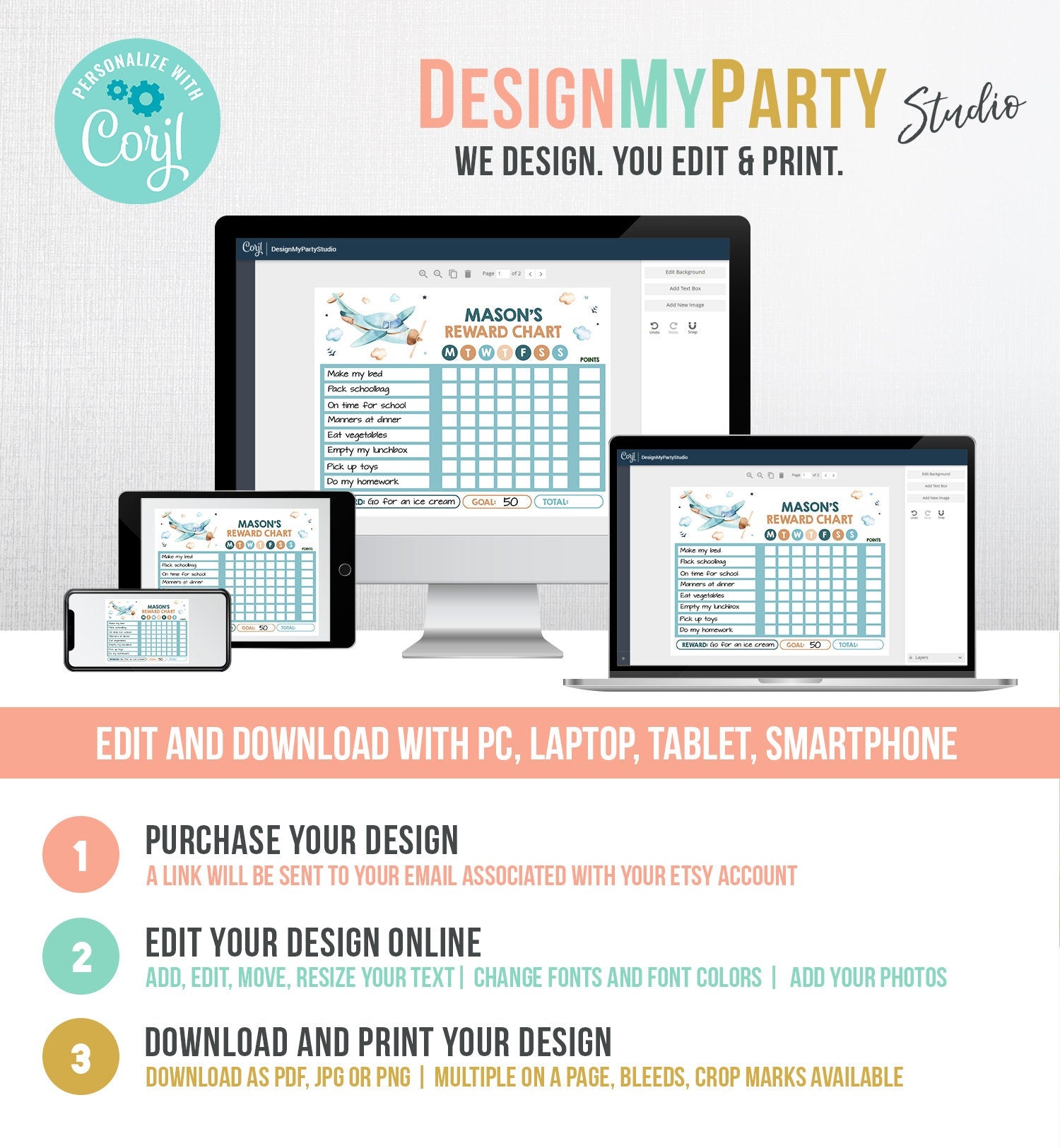 Editable Airplane Reward Chart Boy Girl Blue Vintage Airplane Air Chore Chart for Kids Chores Routine Chart Digital Template Printable 0185