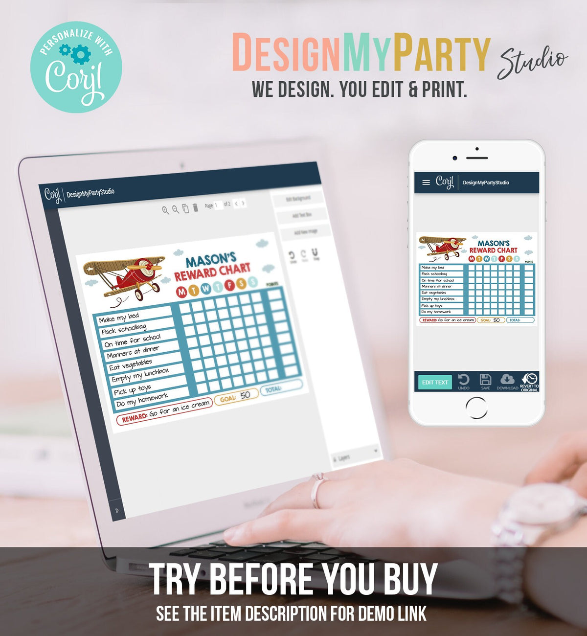 Editable Airplane Reward Chart Boy Red Vintage Airplane Air Force Chore Chart for Kids Chores Routine Chart Corjl Template Printable 0011