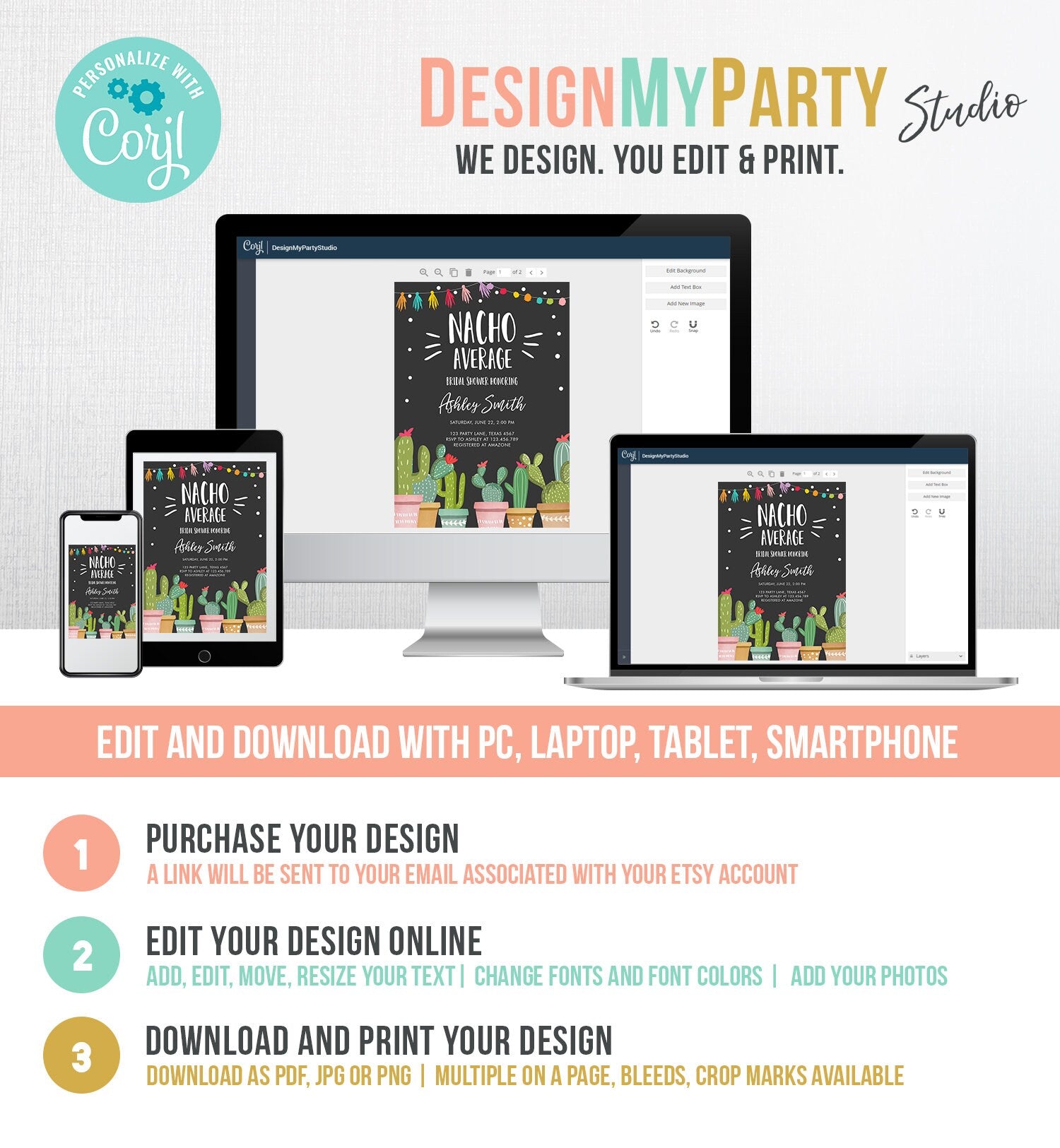 Editable Nacho Average Bridal Shower Invitation Fiesta Cactus Mexican Bachelorette Party Taco Bout Love Coed Corjl Template Printable 0254