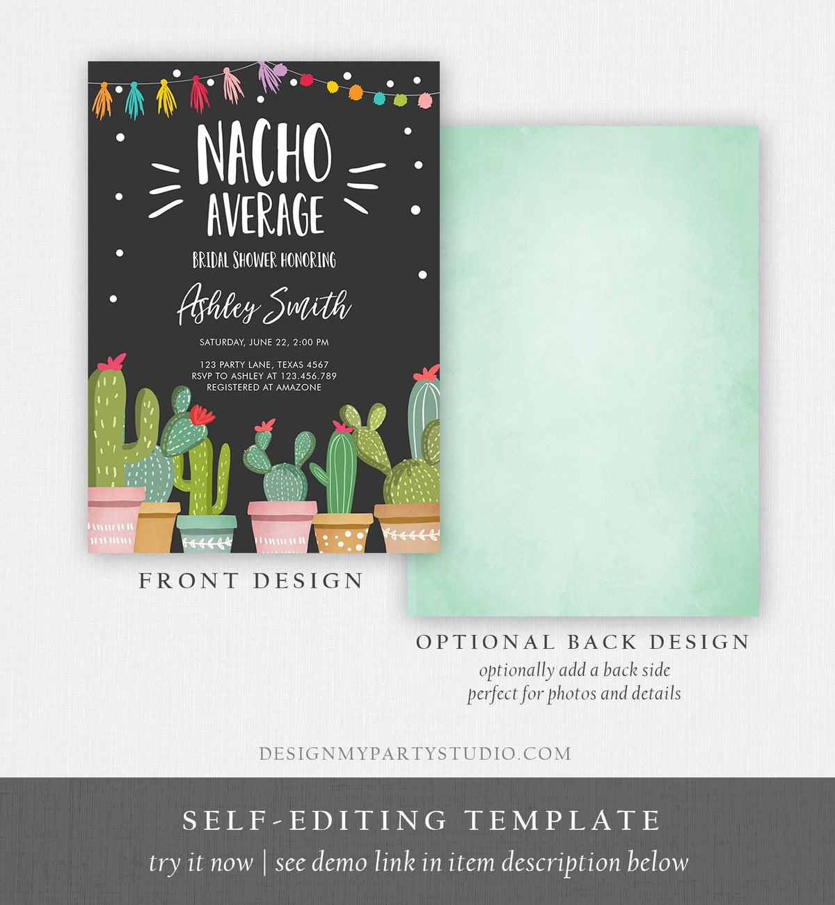 Editable Nacho Average Bridal Shower Invitation Fiesta Cactus Mexican Bachelorette Party Taco Bout Love Coed Corjl Template Printable 0254