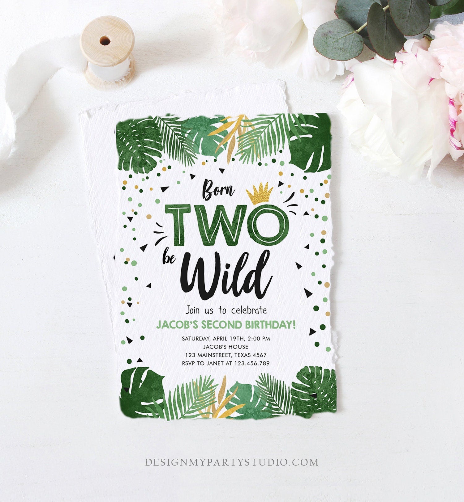 Editable Born Two be Wild Birthday Invitation Boy Tropical Safari Boy Gold Jungle Second Birthday 2nd Download Corjl Template Printable 0332