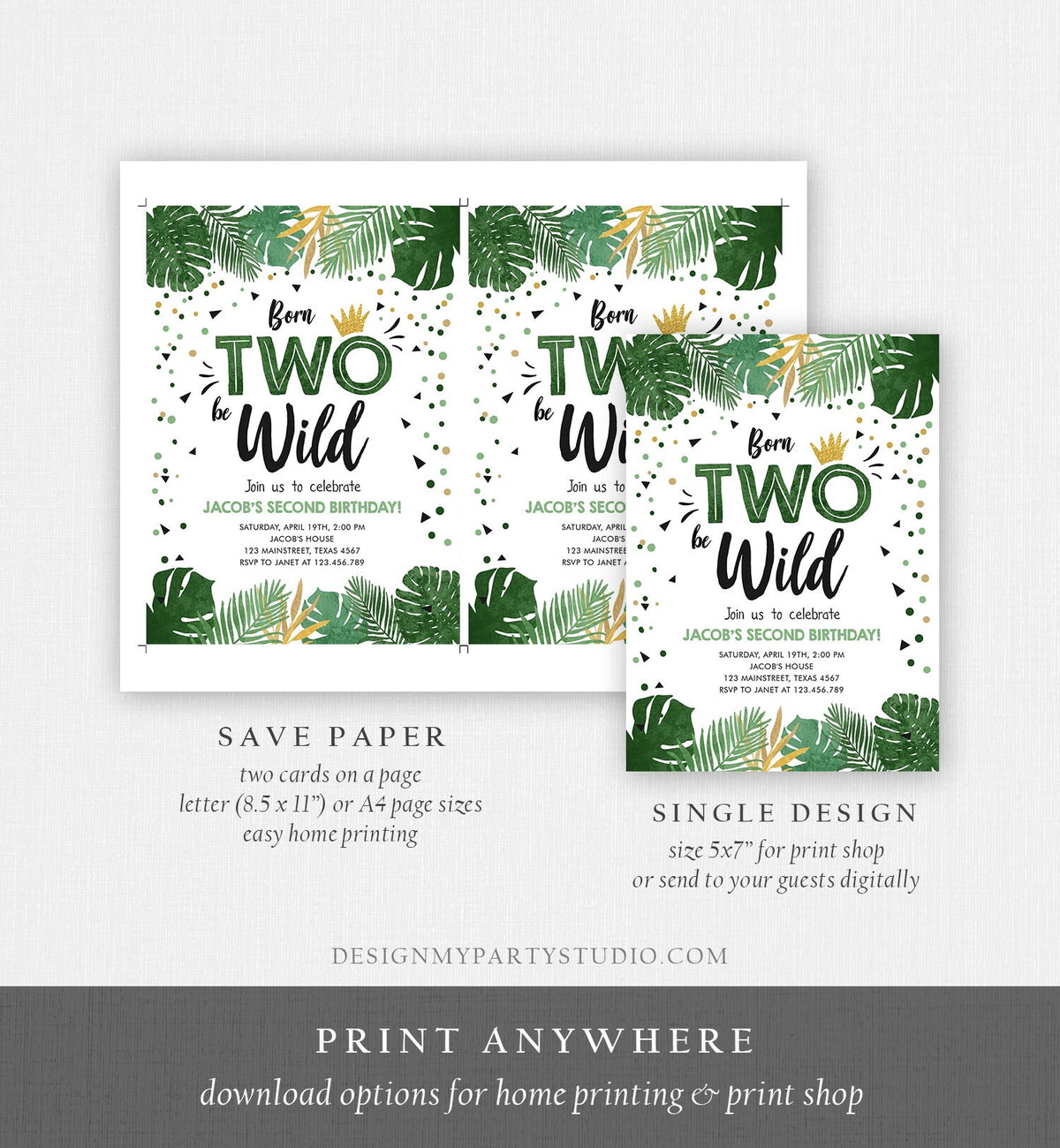 Editable Born Two be Wild Birthday Invitation Boy Tropical Safari Boy Gold Jungle Second Birthday 2nd Download Corjl Template Printable 0332