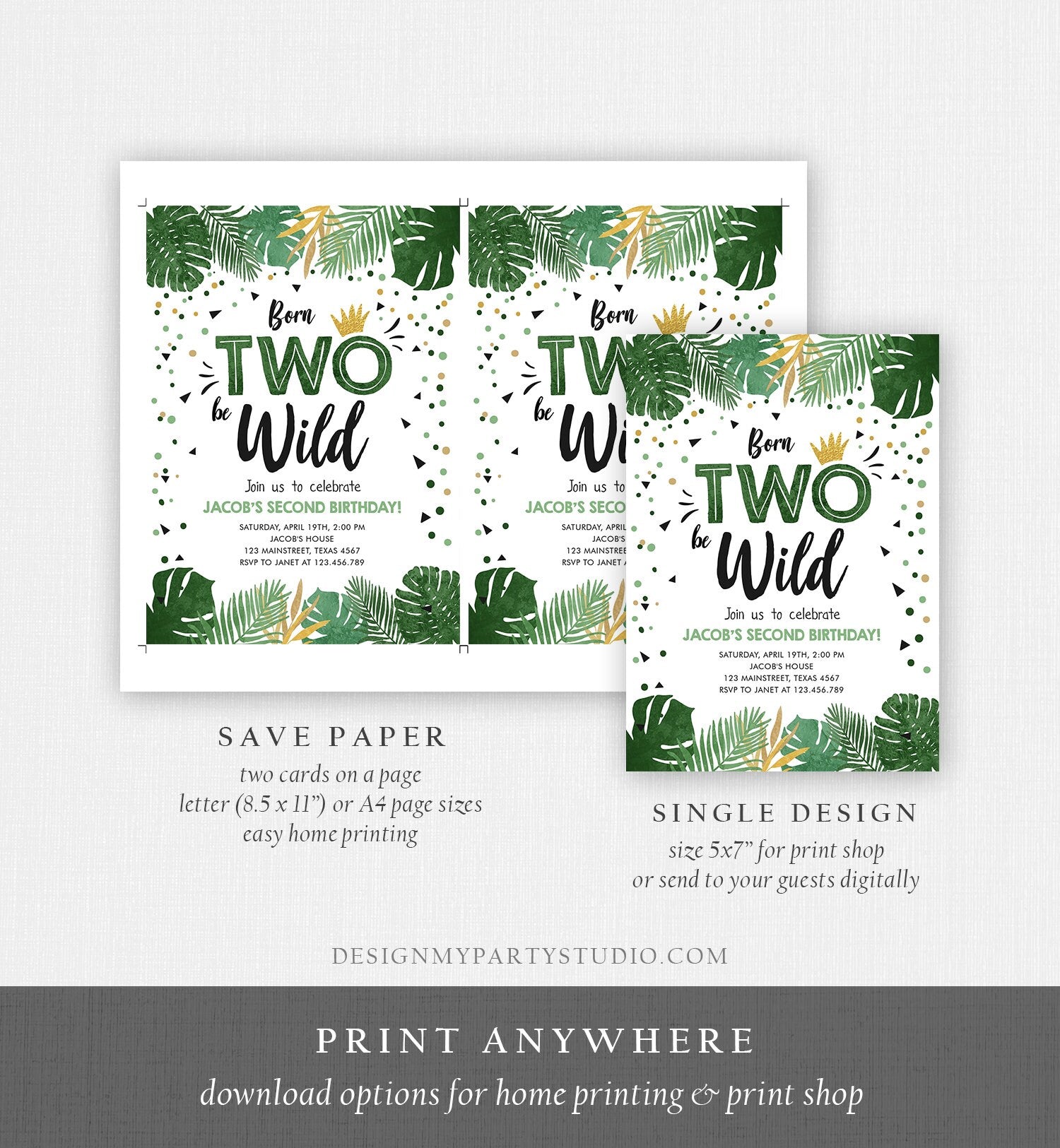 Editable Born Two be Wild Birthday Invitation Boy Tropical Safari Boy Gold Jungle Second Birthday 2nd Download Corjl Template Printable 0332
