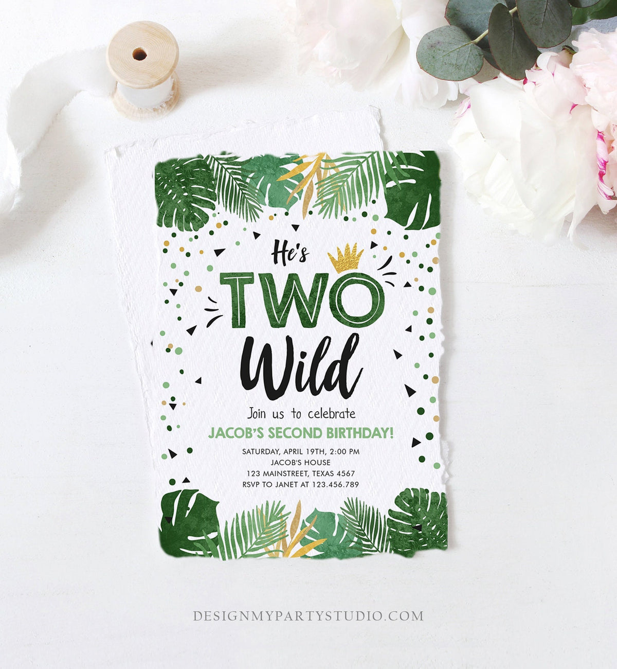 Editable Two Wild Birthday Invitation Boy Tropical Safari Boy Gold Jungle Second Birthday 2nd Digital Download Template Printable 0332