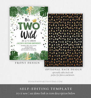 Editable Two Wild Birthday Invitation Boy Tropical Safari Boy Gold Jungle Second Birthday 2nd Download Corjl Template Printable 0332