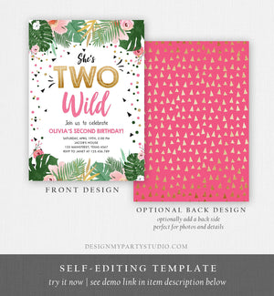Editable Two Wild Birthday Invitation Girl Tropical Safari Pink Gold Jungle Second Birthday 2nd Download Corjl Template Printable 0332