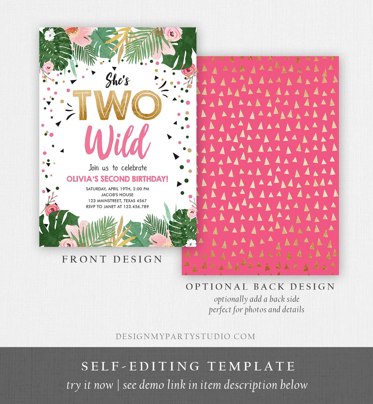 Editable Two Wild Birthday Invitation Girl Tropical Safari Pink Gold Jungle Second Birthday 2nd Download Evite Template Printable 0332