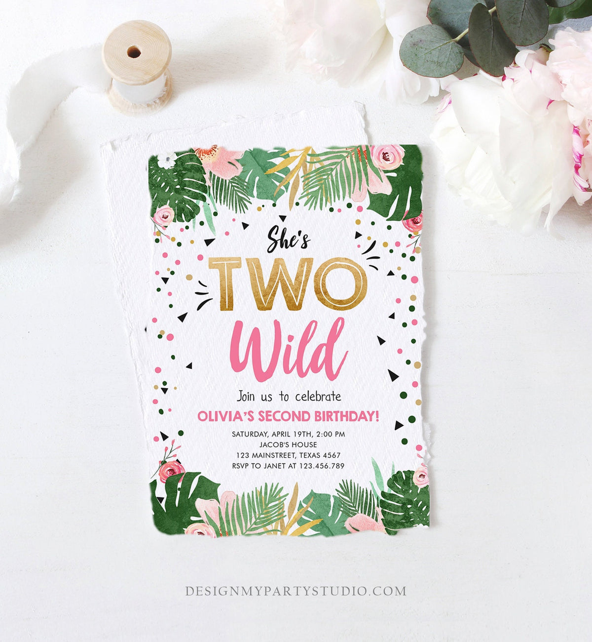 Editable Two Wild Birthday Invitation Girl Tropical Safari Pink Gold Jungle Second Birthday 2nd Download Evite Template Printable 0332