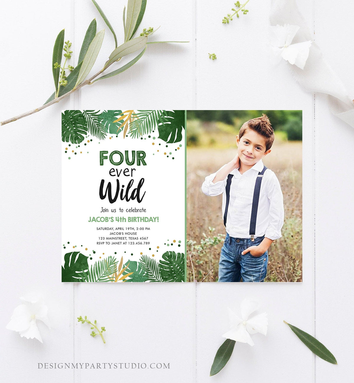Editable Fourever Wild Birthday Invitation Tropical Safari Zoo Jungle Party Gold Boy Fourth Birthday 4th Digital Template Printable 0332