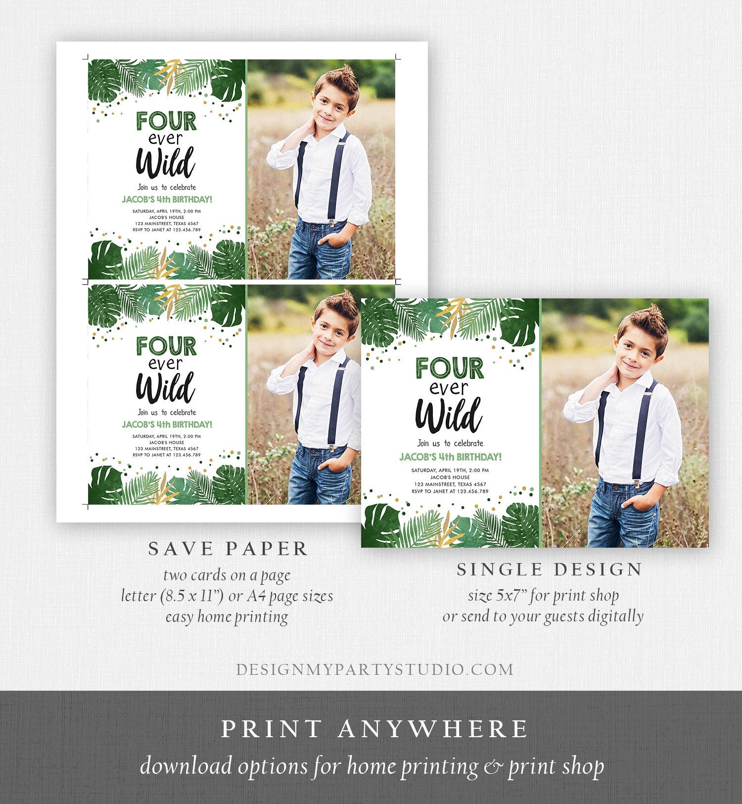 Editable Fourever Wild Birthday Invitation Tropical Safari Zoo Jungle Party Gold Boy Fourth Birthday 4th Digital Template Printable 0332
