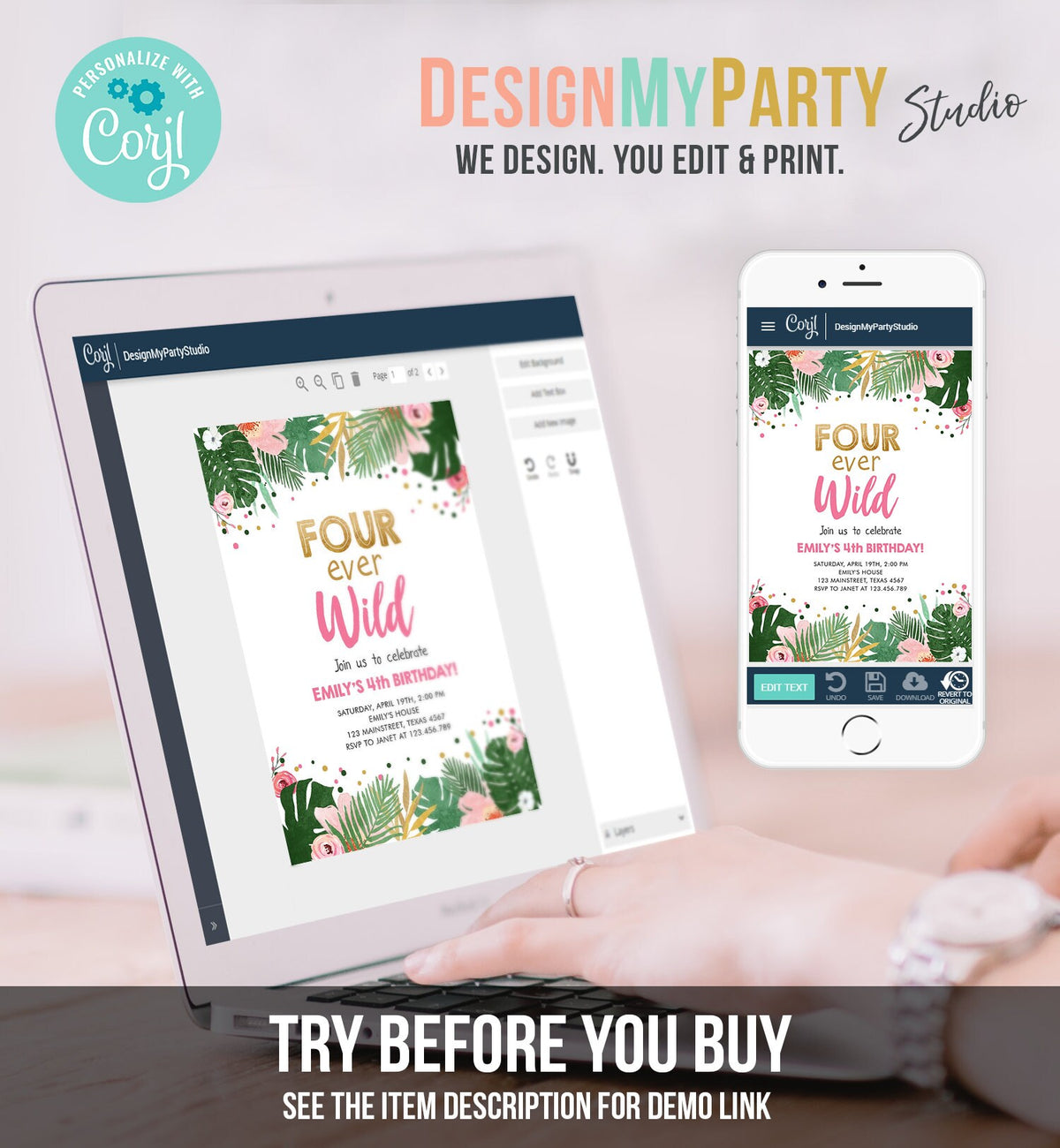 Editable Fourever Wild Birthday Invitation Tropical Safari Zoo Jungle Pink Gold Girl Fourth Birthday 4th Four Ever Wild Corjl Template 0332