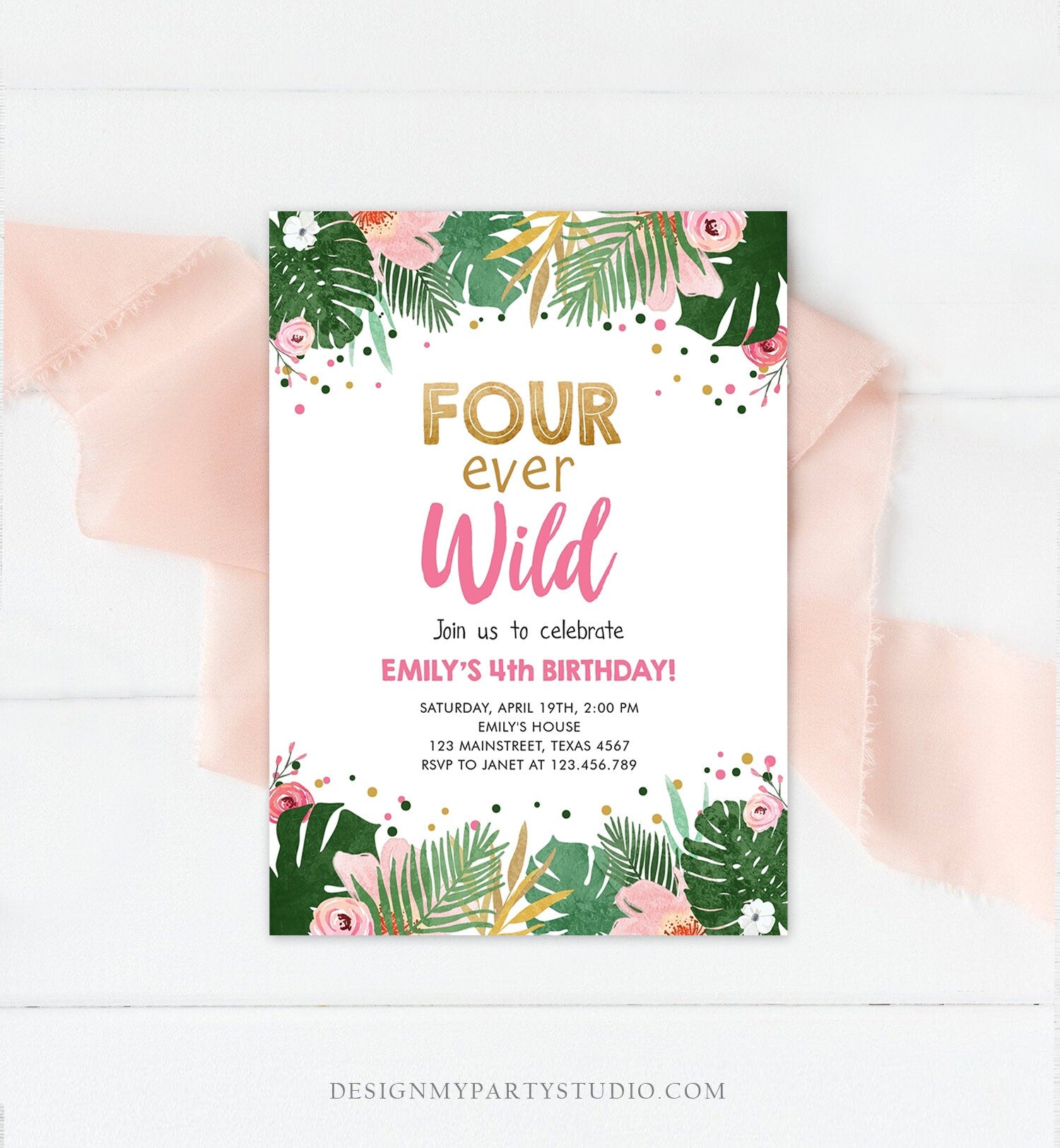 Editable Fourever Wild Birthday Invitation Tropical Safari Zoo Jungle Pink Gold Girl Fourth Birthday 4th Four Ever Wild Corjl Template 0332